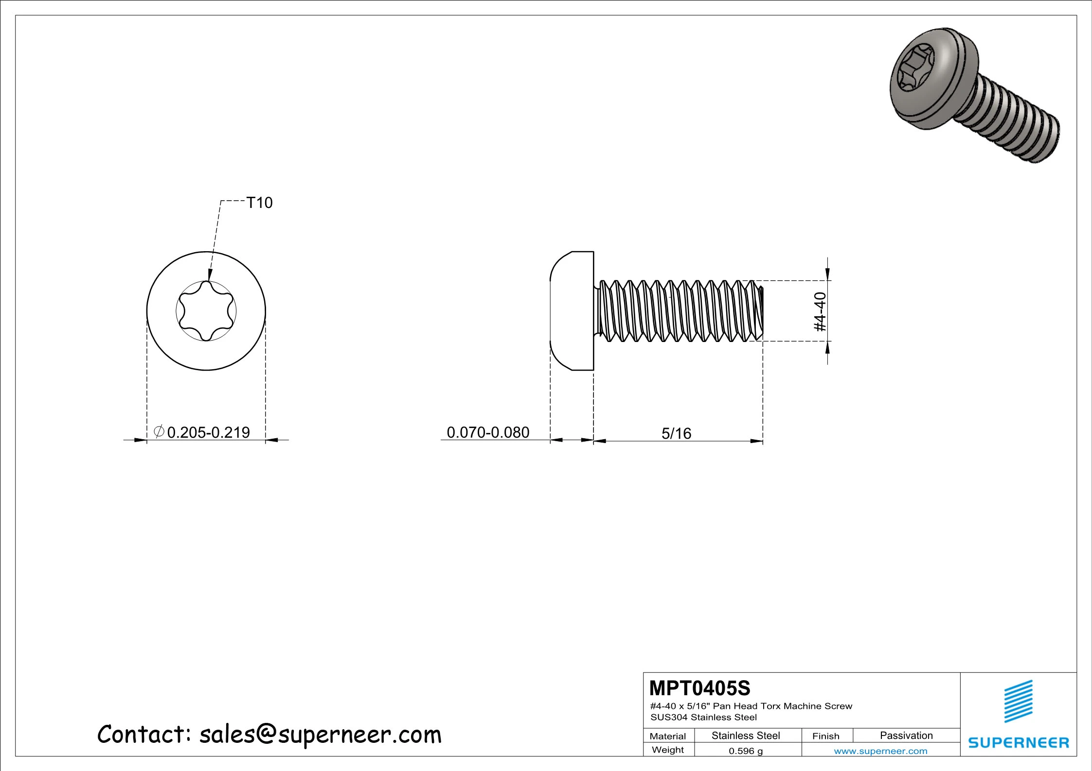 4-40 x 5/16" Pan Head Torx Machine Screw SUS304 Stainless Steel Inox