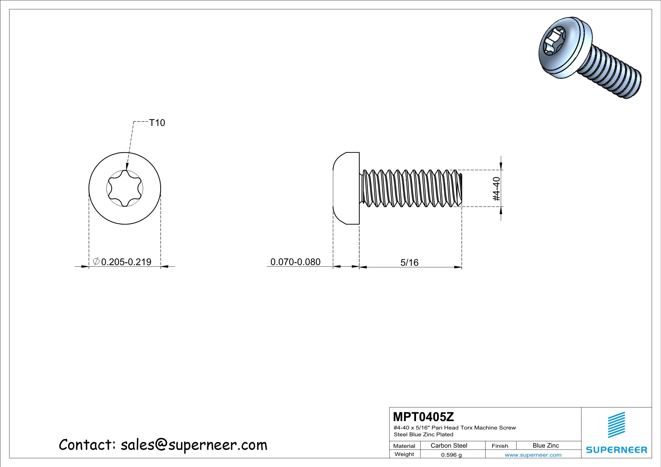 4-40 x 5/16" Pan Head Torx Machine Screw Steel Blue Zinc Plated