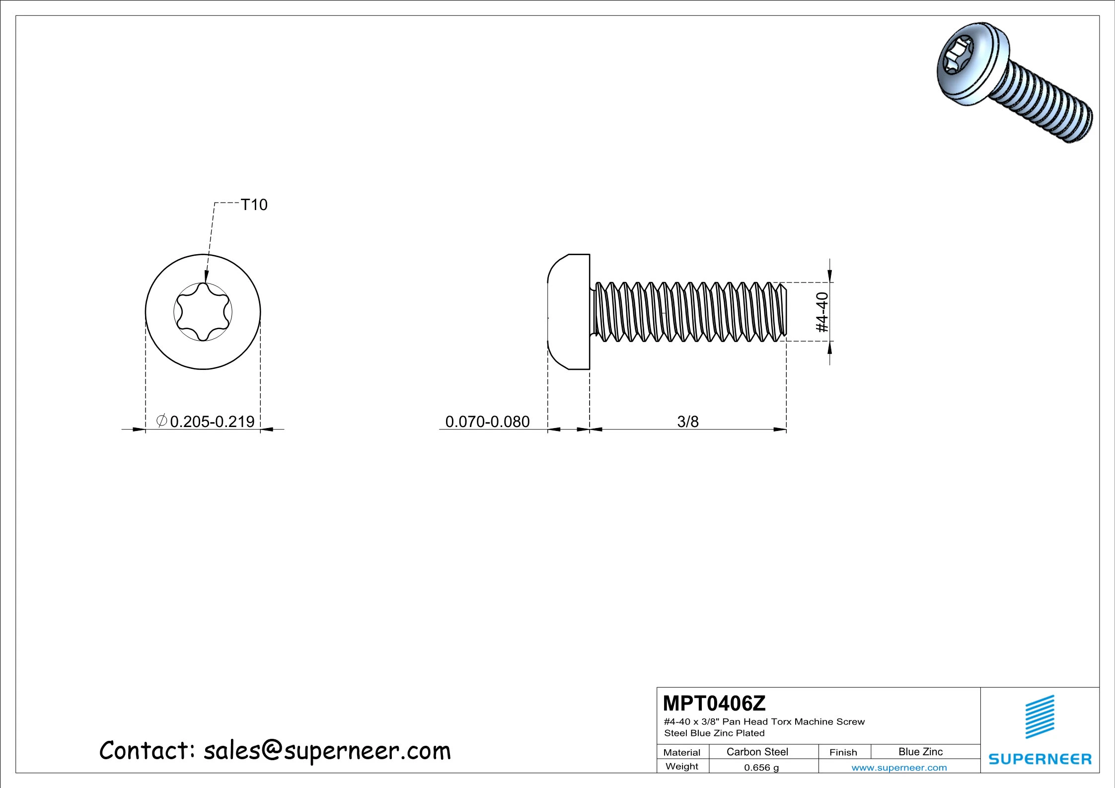 4-40 x 3/8" Pan Head Torx Machine Screw Steel Blue Zinc Plated