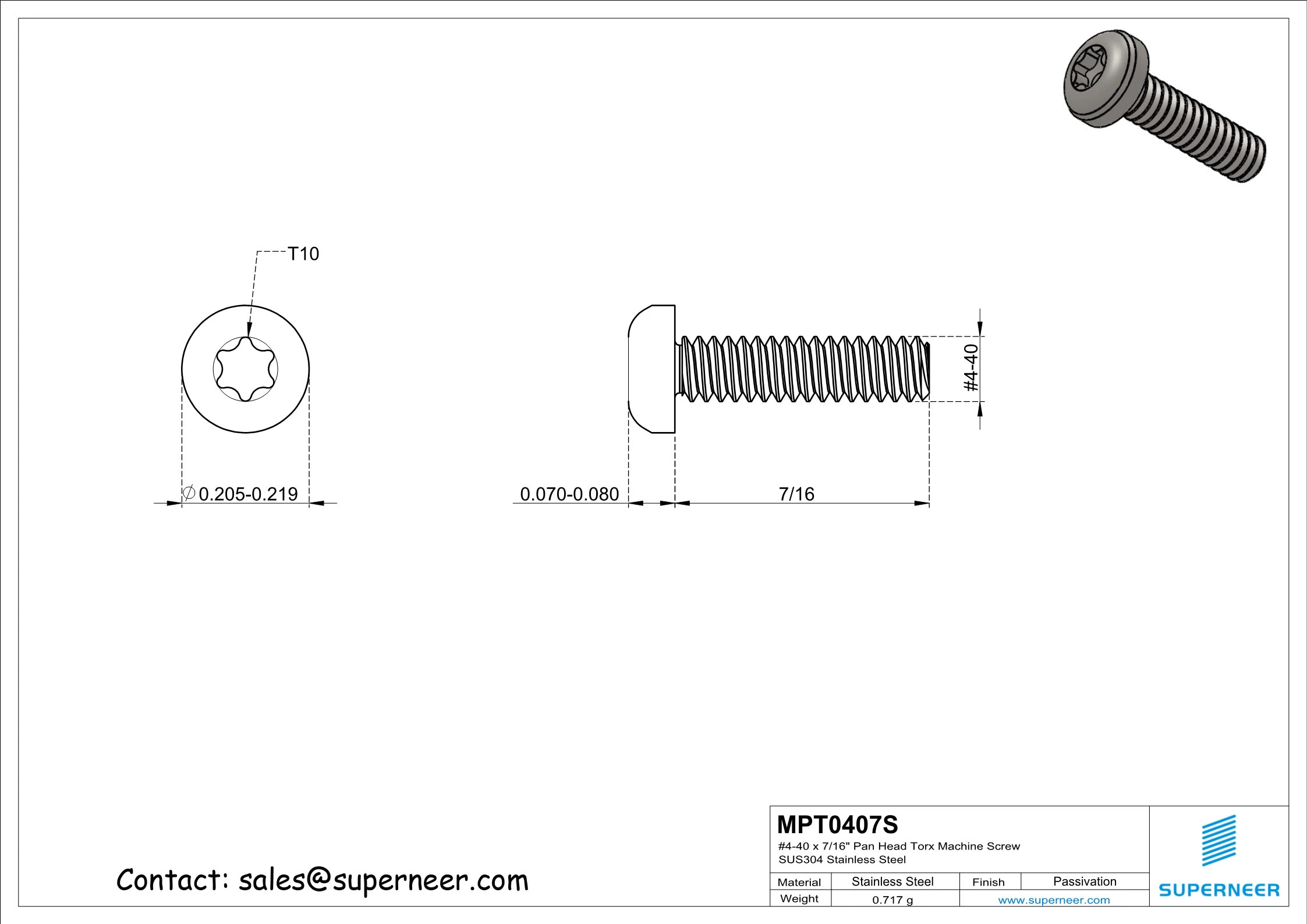 4-40 x 7/16" Pan Head Torx Machine Screw SUS304 Stainless Steel Inox