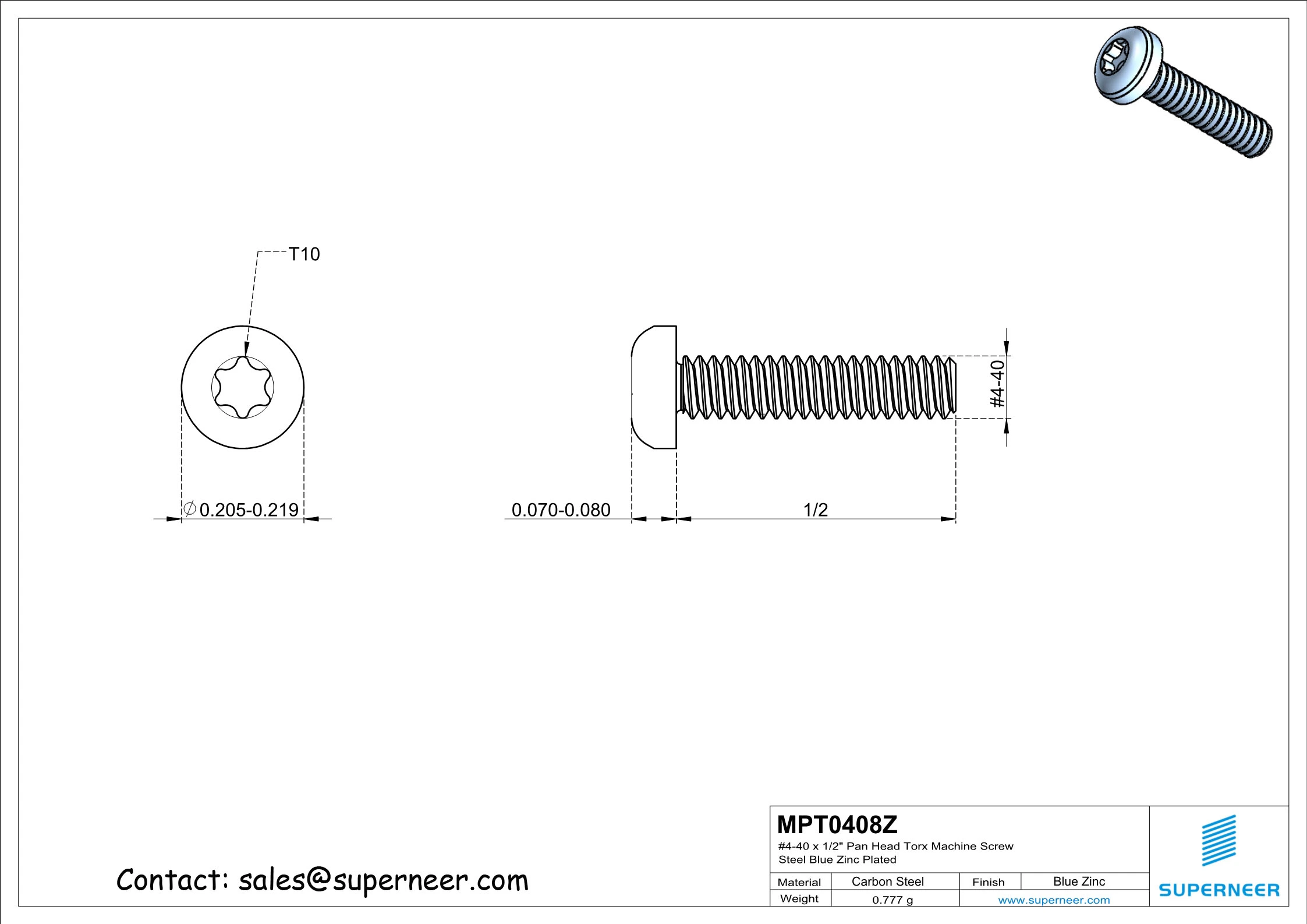 4-40 x 1/2" Pan Head Torx Machine Screw Steel Blue Zinc Plated