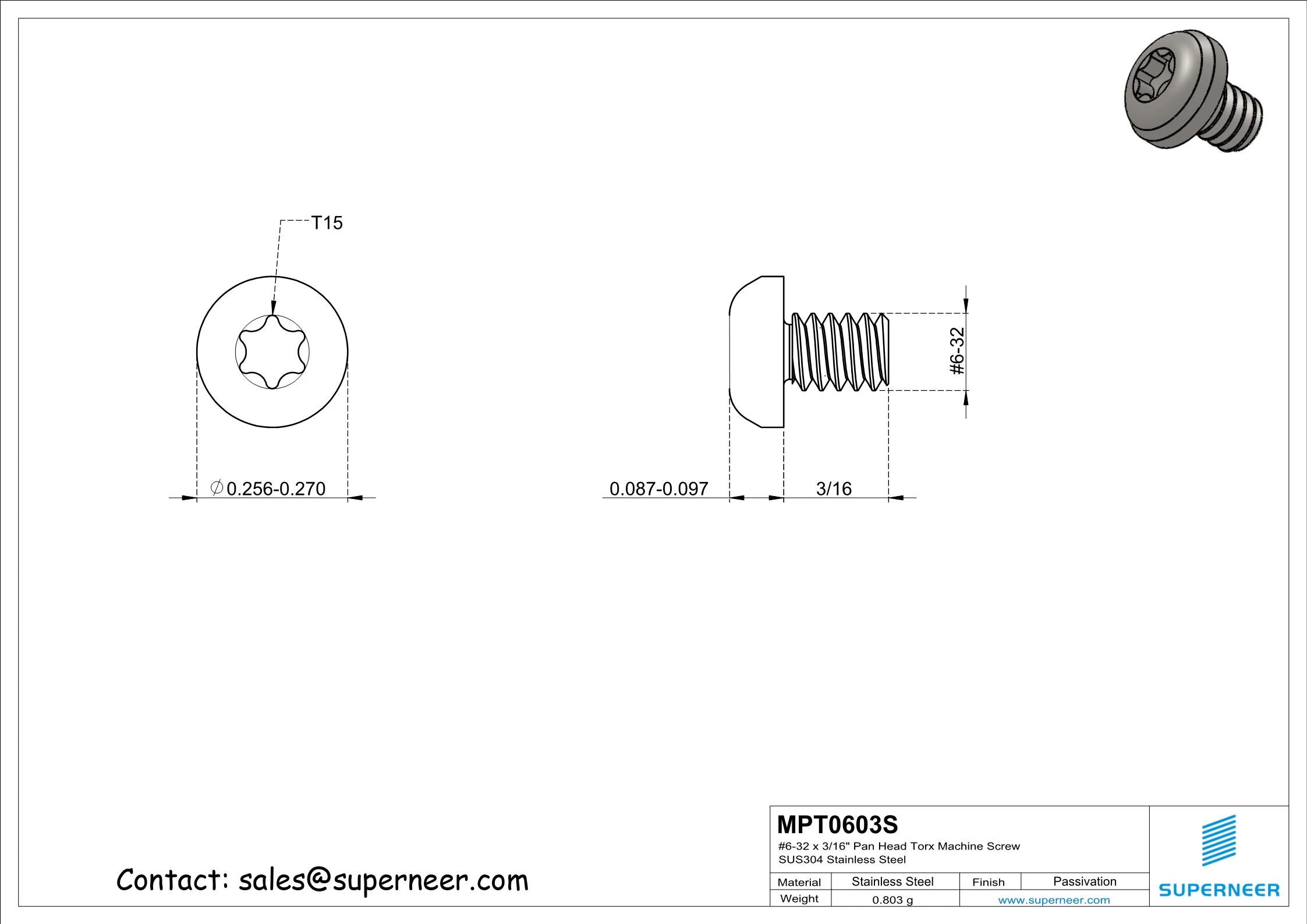 6-32 x 3/16" Pan Head Torx Machine Screw SUS304 Stainless Steel Inox