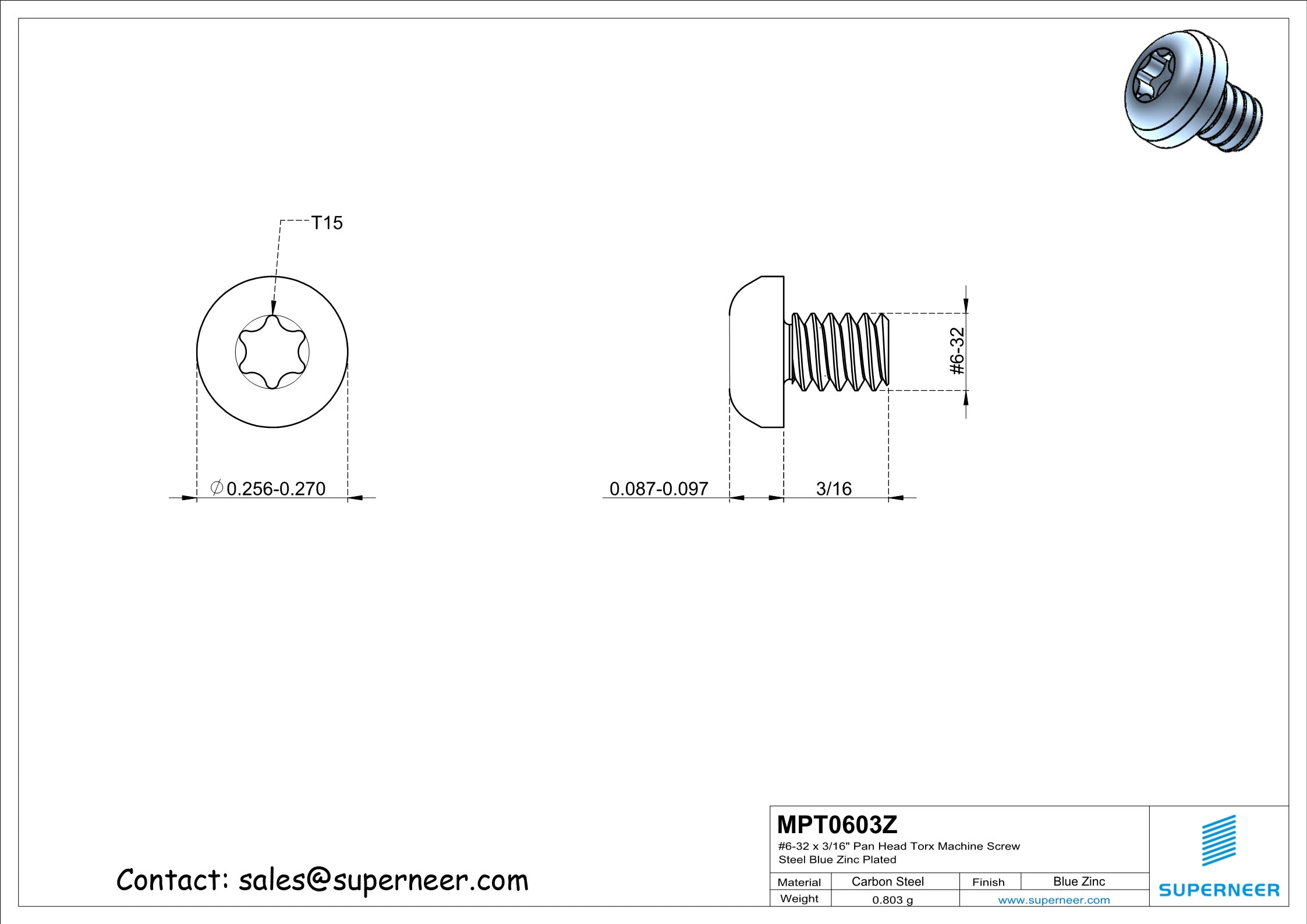 6-32 x 3/16" Pan Head Torx Machine Screw Steel Blue Zinc Plated