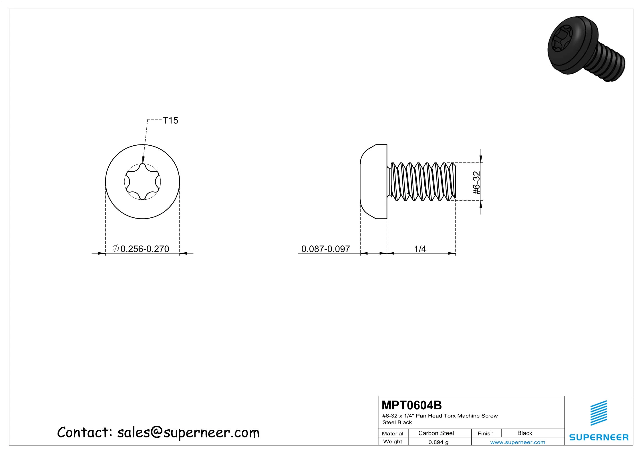 6-32 x 1/4" Pan Head Torx Machine Screw Steel Black