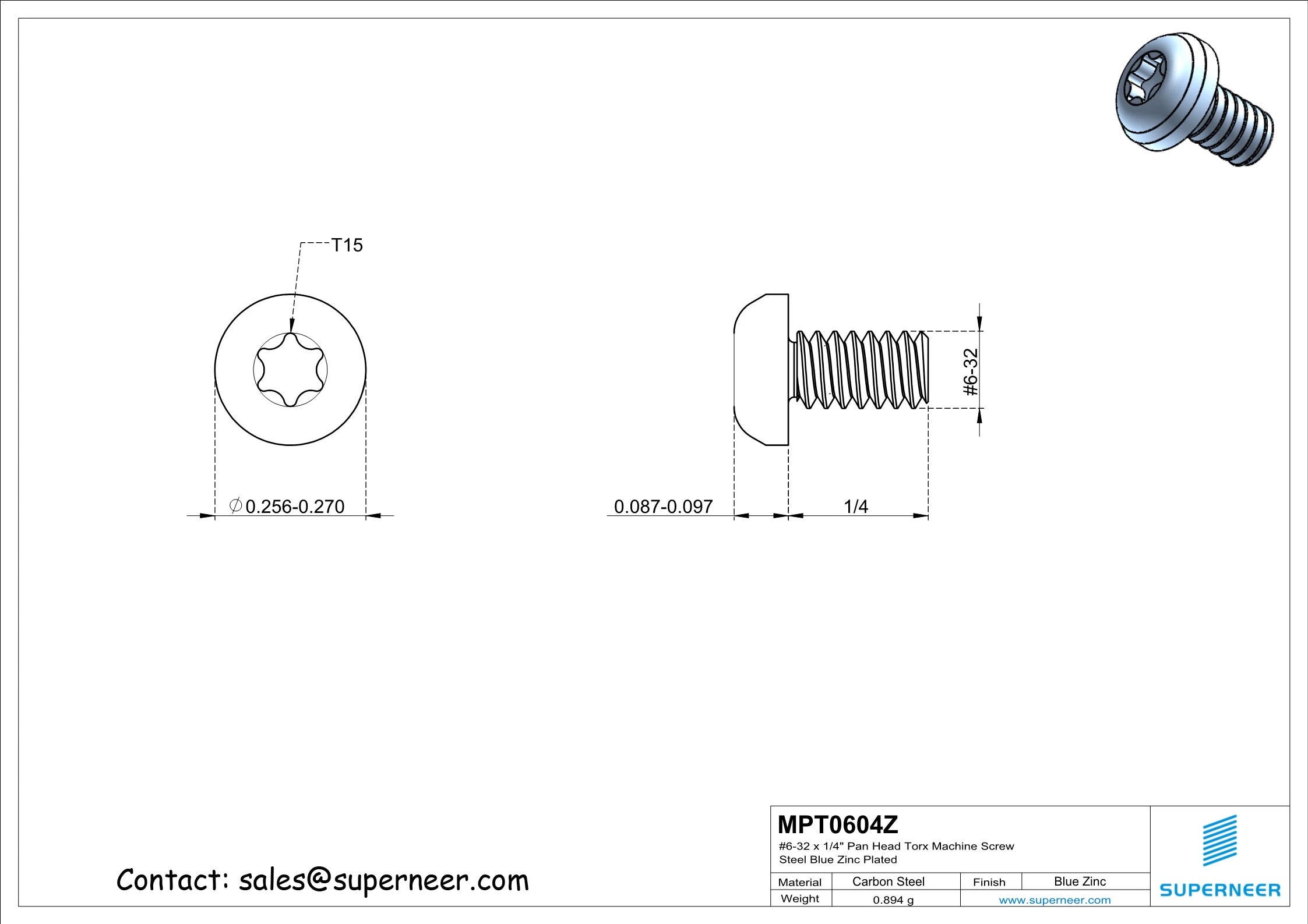 6-32 x 1/4" Pan Head Torx Machine Screw Steel Blue Zinc Plated