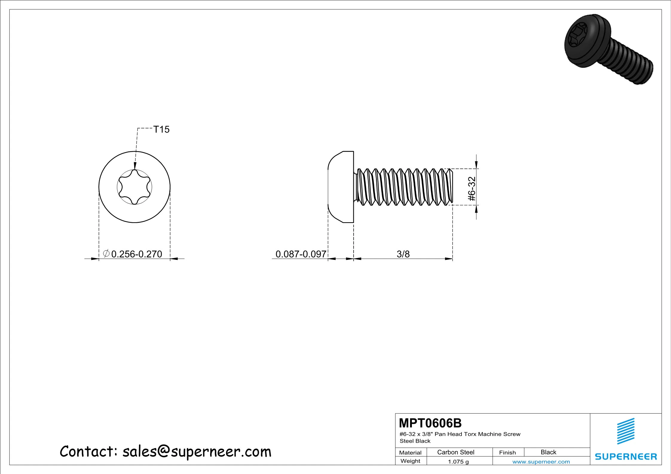 6-32 x 3/8" Pan Head Torx Machine Screw Steel Black