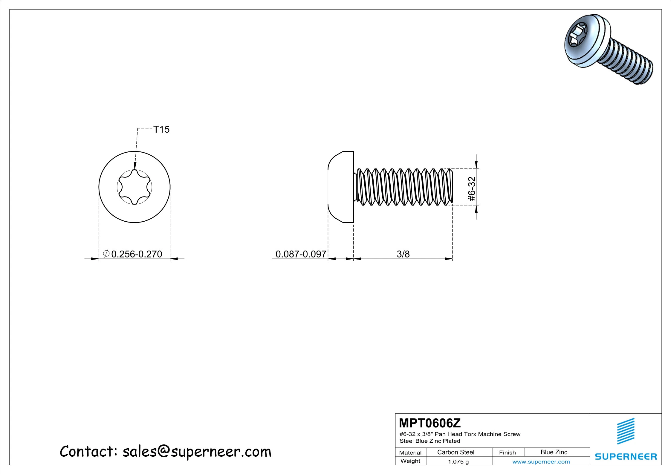 6-32 x 3/8" Pan Head Torx Machine Screw Steel Blue Zinc Plated