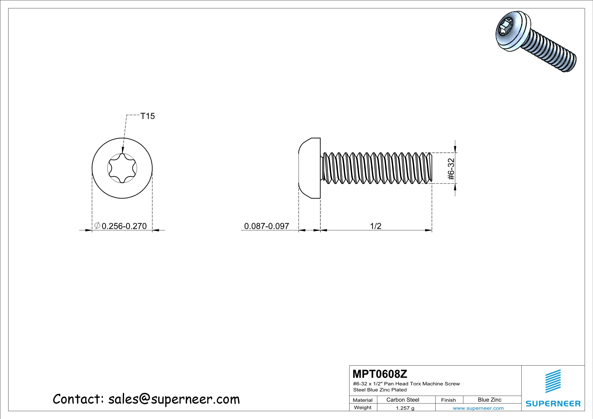 6-32 x 1/2" Pan Head Torx Machine Screw Steel Blue Zinc Plated