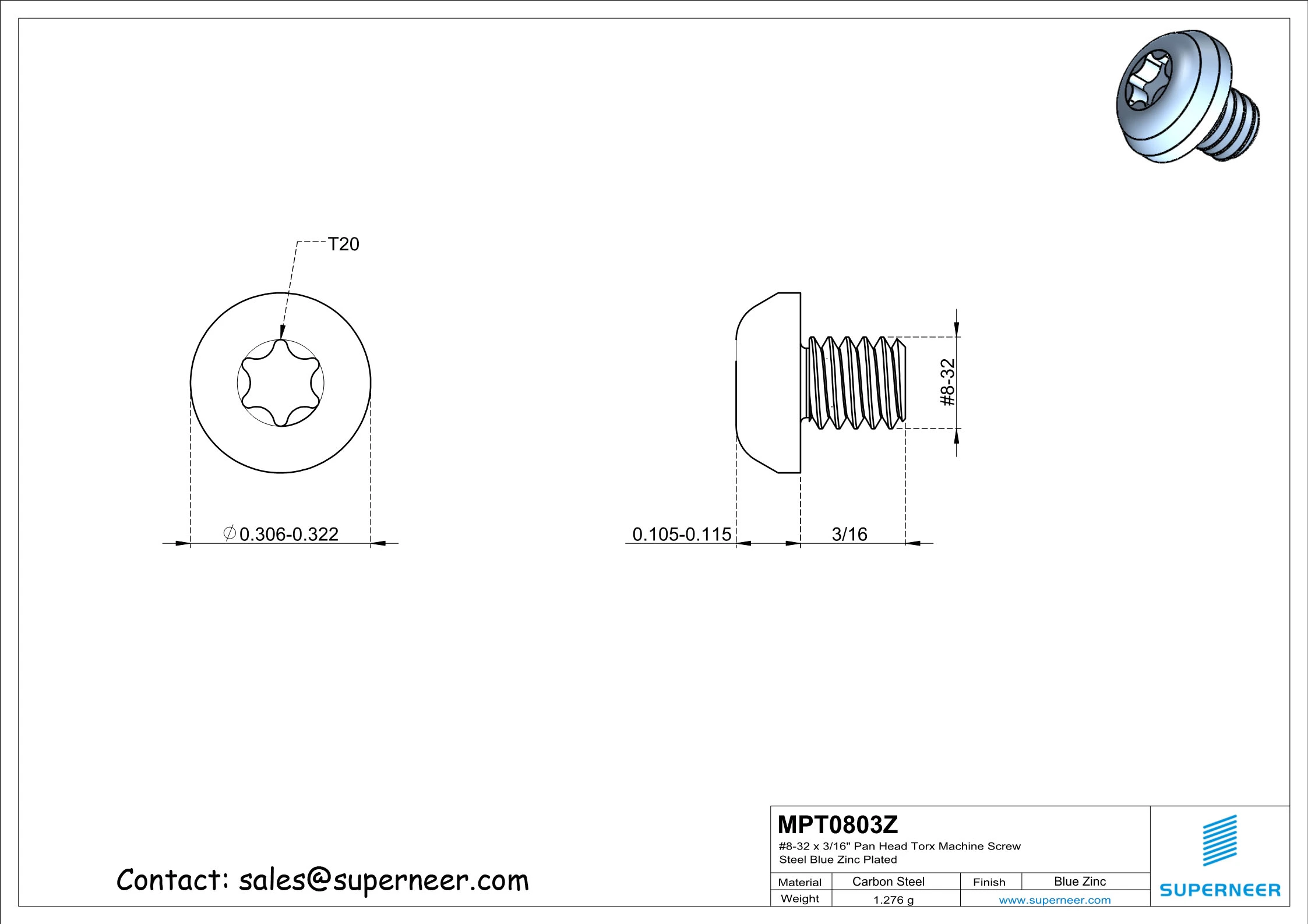 8-32 x 3/16" Pan Head Torx Machine Screw Steel Blue Zinc Plated