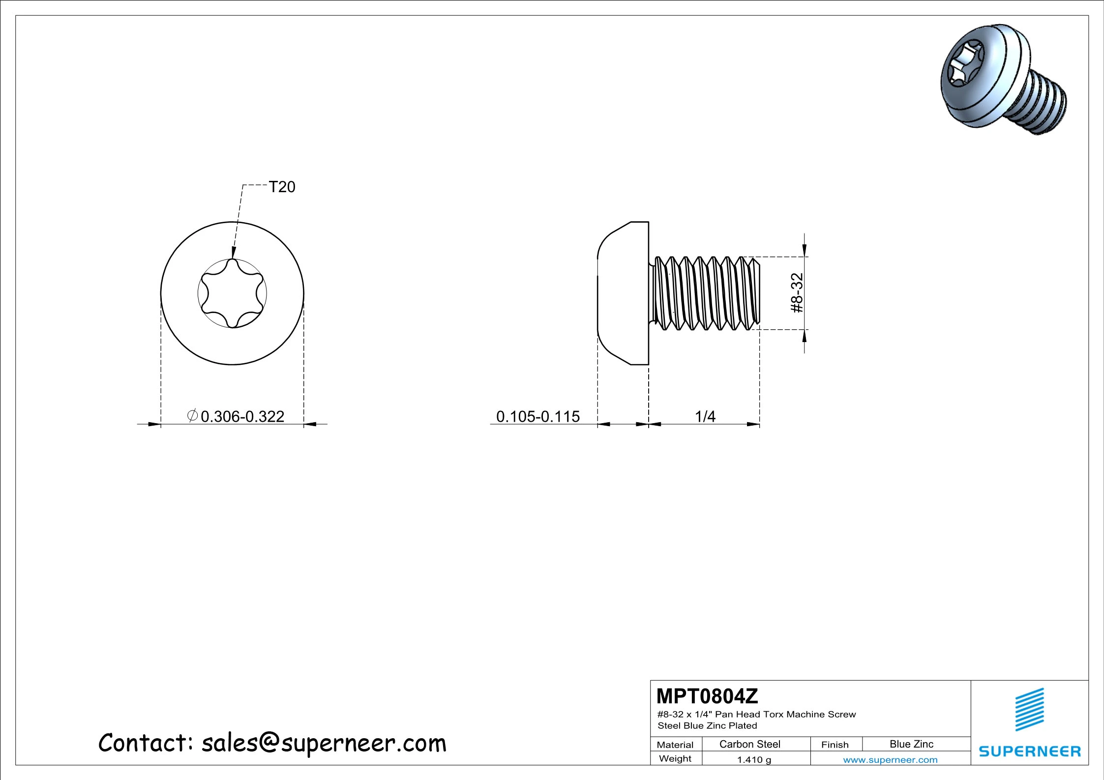 8-32 x 1/4" Pan Head Torx Machine Screw Steel Blue Zinc Plated