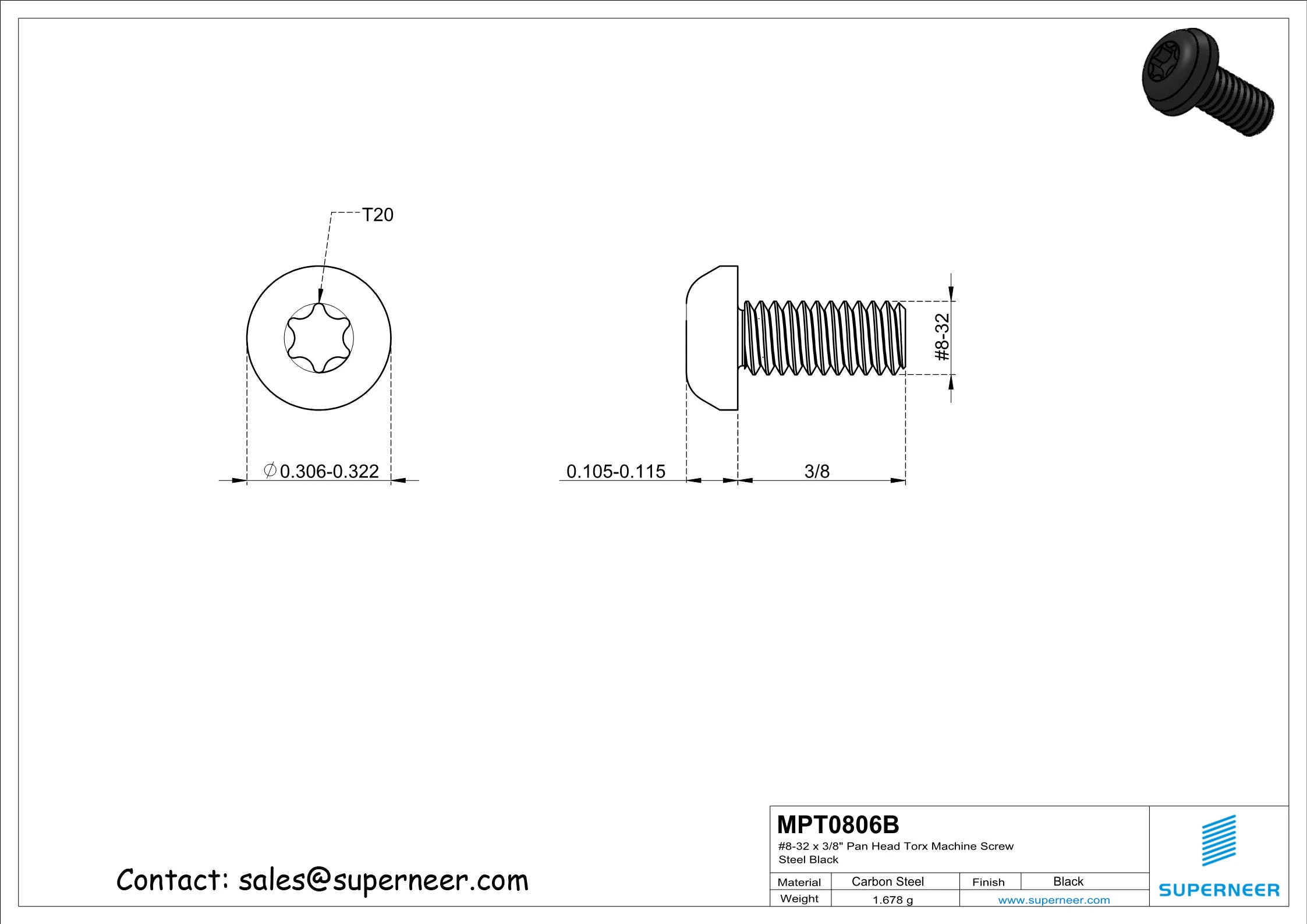 8-32 x 3/8" Pan Head Torx Machine Screw Steel Black