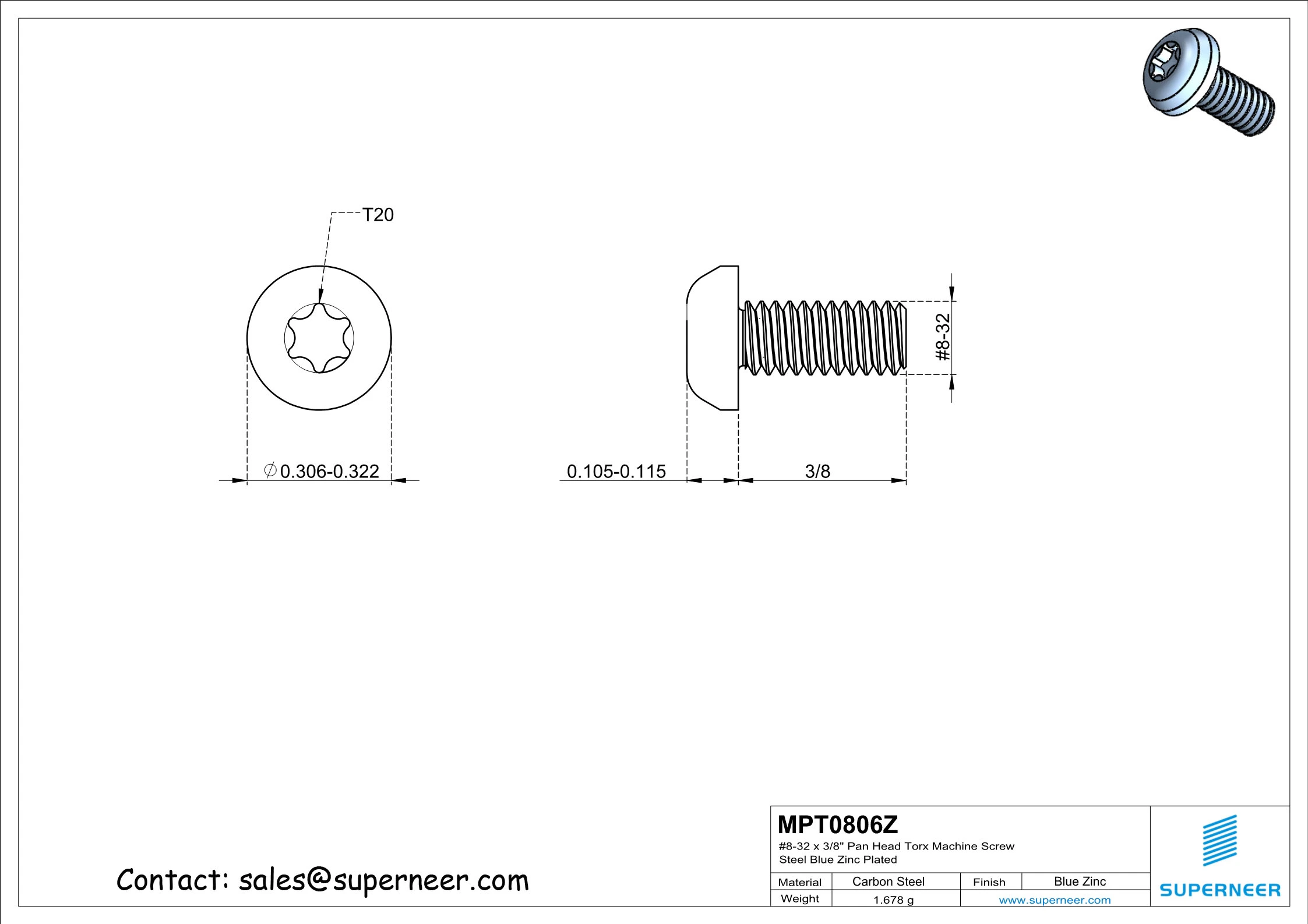 8-32 x 3/8" Pan Head Torx Machine Screw Steel Blue Zinc Plated