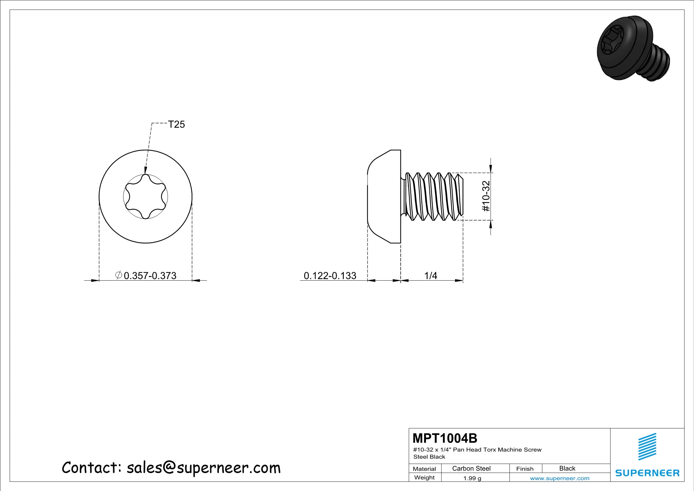 10-32 x 1/4" Pan Head Torx Machine Screw Steel Black