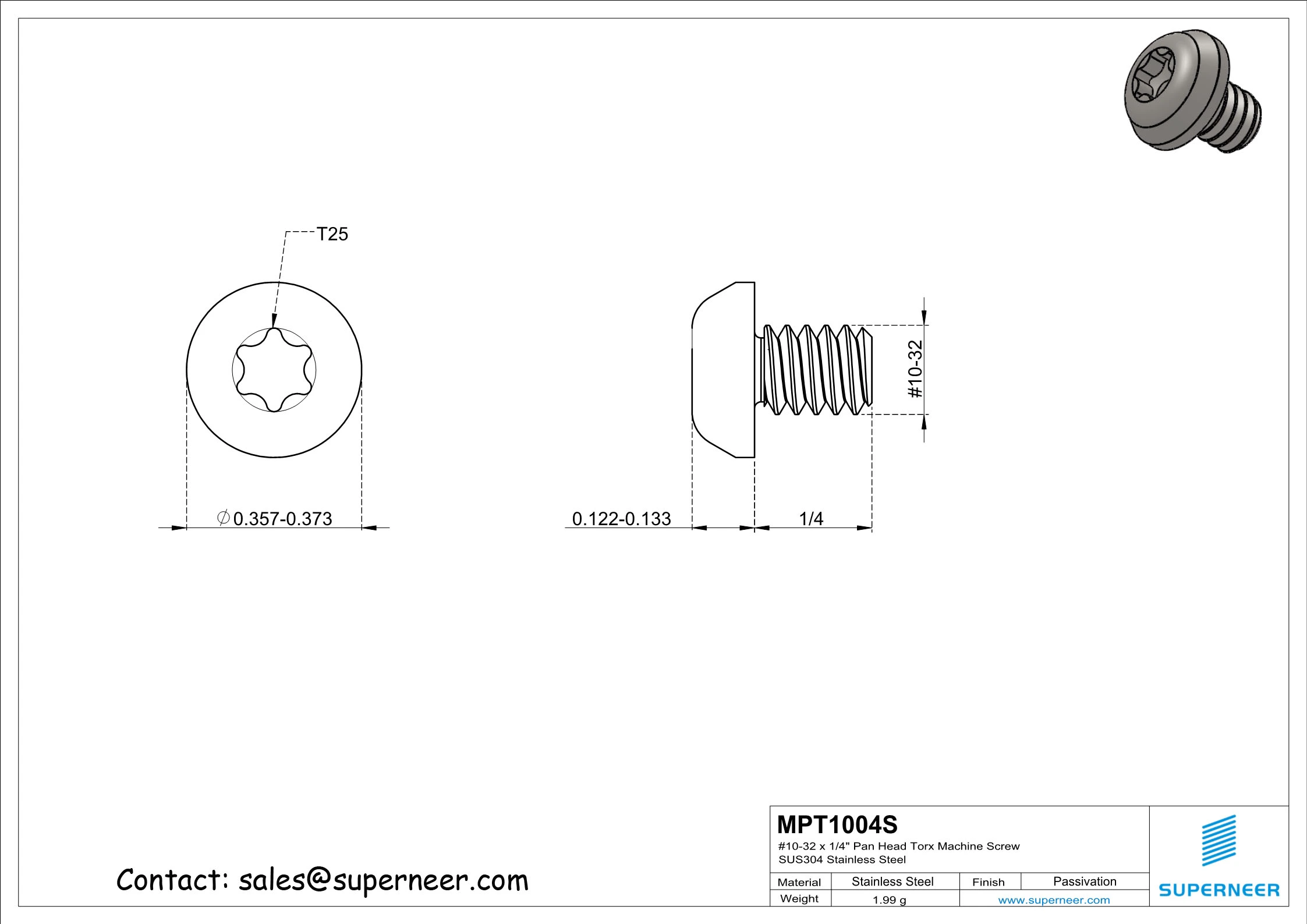 10-32 x 1/4" Pan Head Torx Machine Screw SUS304 Stainless Steel Inox