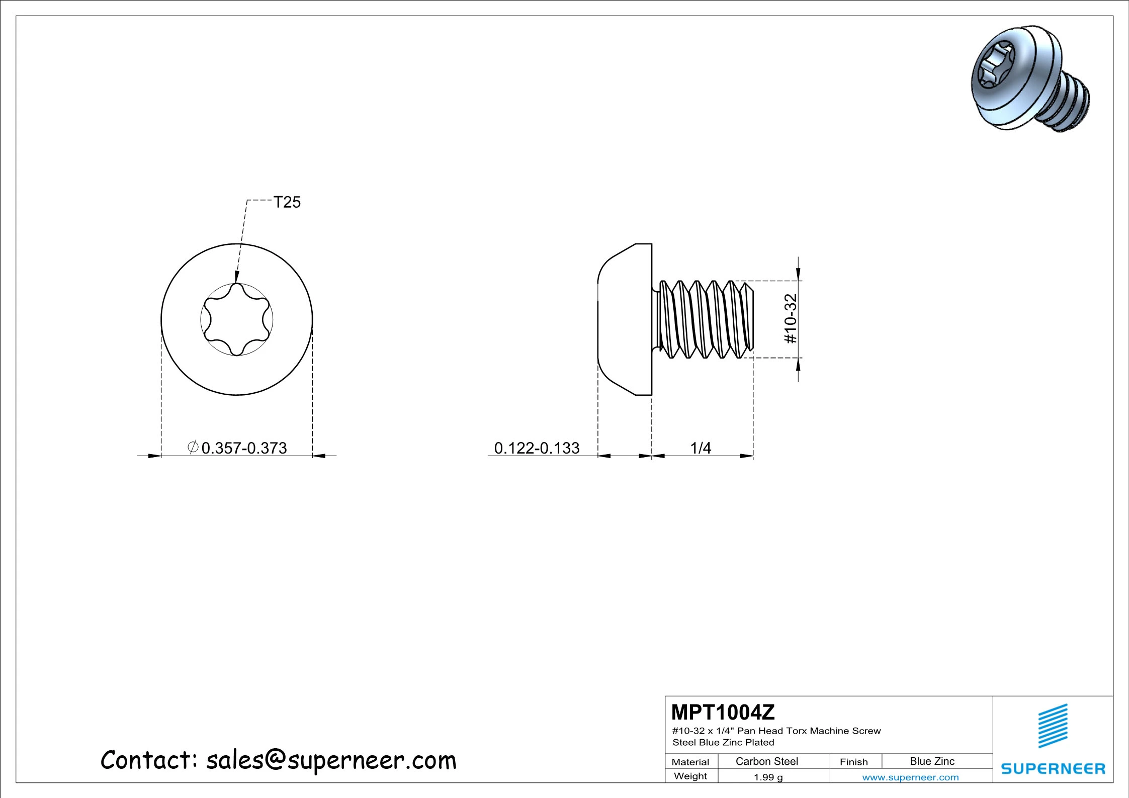 10-32 x 1/4" Pan Head Torx Machine Screw Steel Blue Zinc Plated