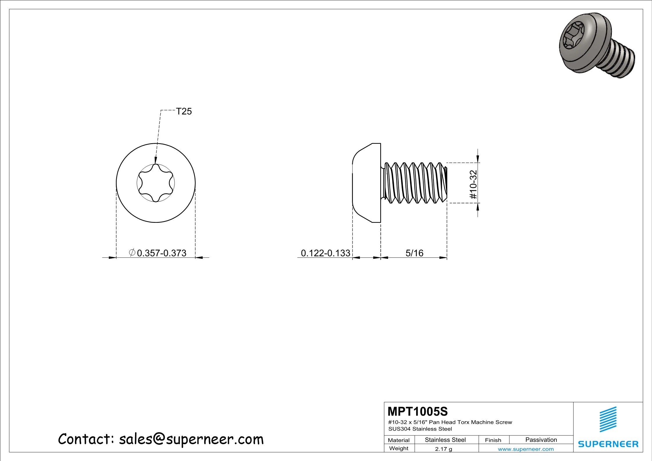 10-32 x 5/16" Pan Head Torx Machine Screw SUS304 Stainless Steel Inox