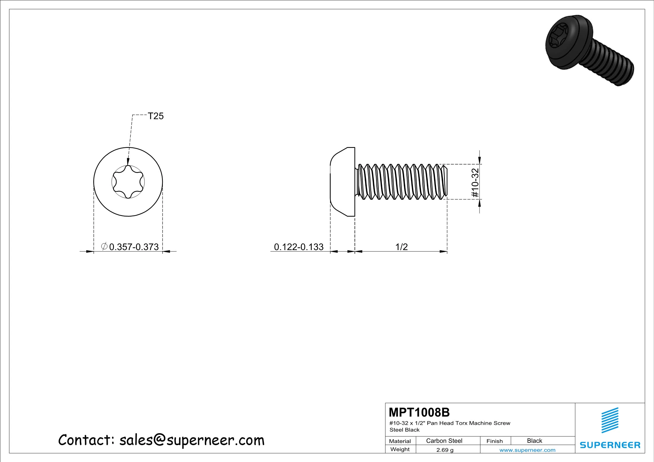 10-32 x 1/2" Pan Head Torx Machine Screw Steel Black