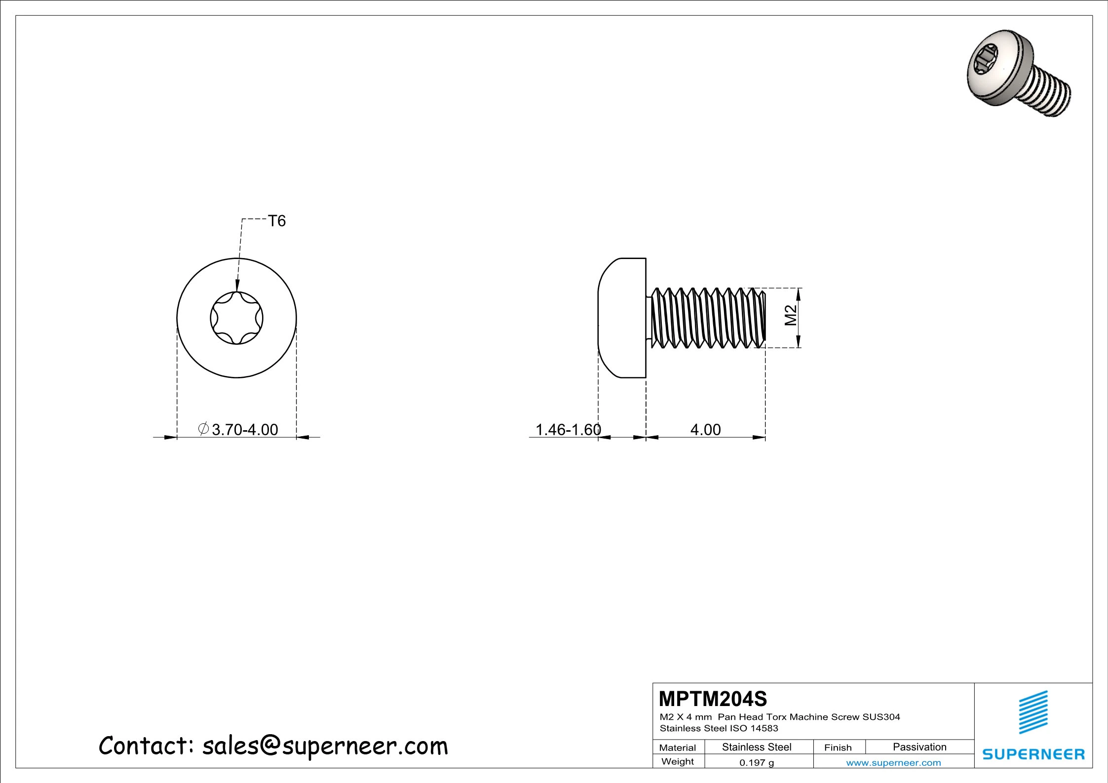 M2 x 4 mm  Pan Head Torx Machine Screw SUS304 Stainless Steel Inox ISO 14583