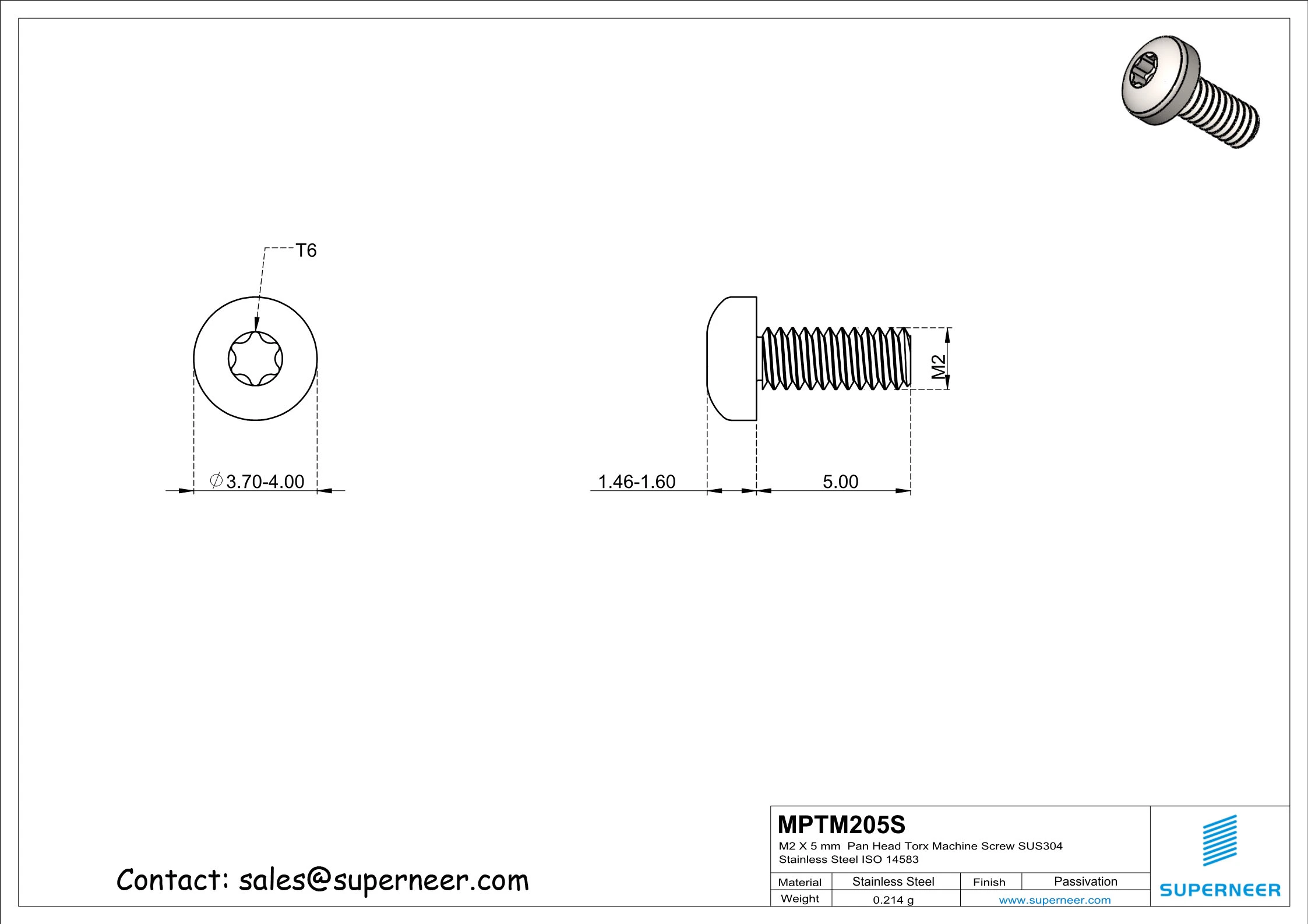 M2 x 5 mm  Pan Head Torx Machine Screw SUS304 Stainless Steel Inox ISO 14583