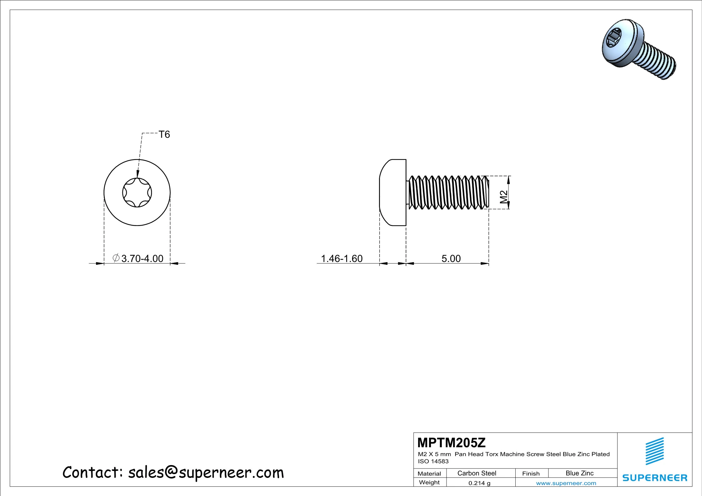 M2 x 5 mm Pan Head Torx Machine Screw Steel Blue Zinc Plated ISO 14583