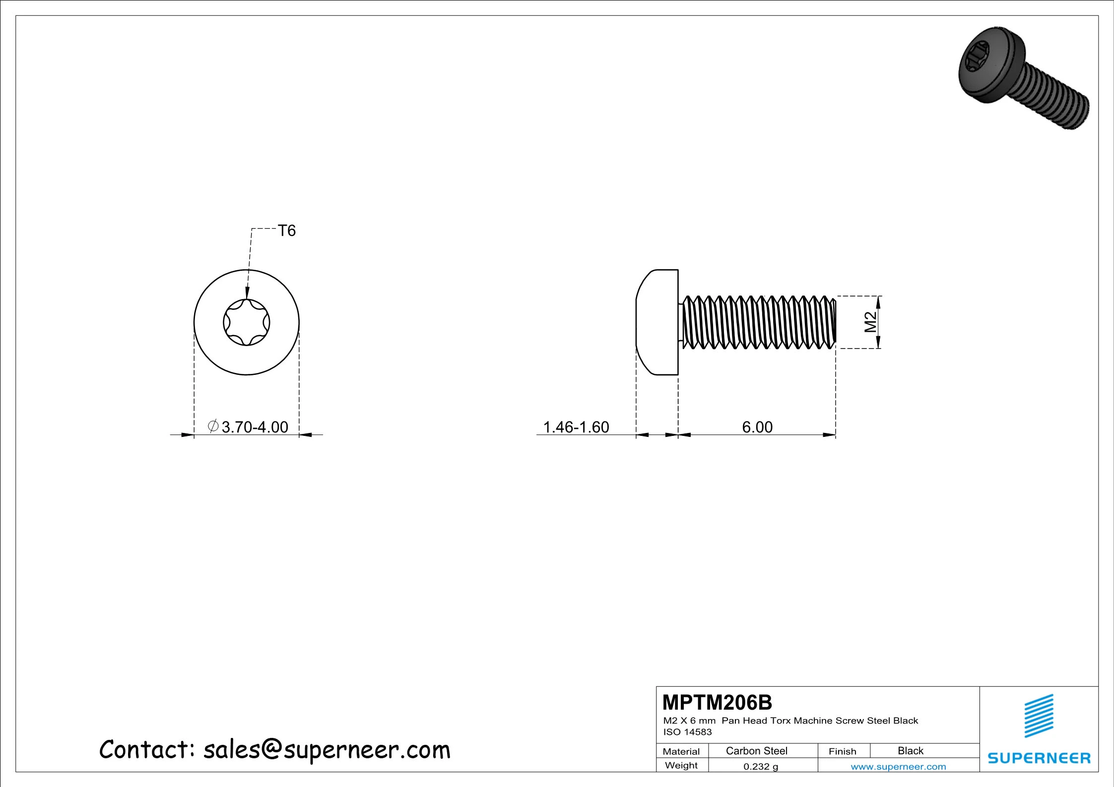 M2 x 6 mm Pan Head Torx Machine Screw Steel Black ISO 14583