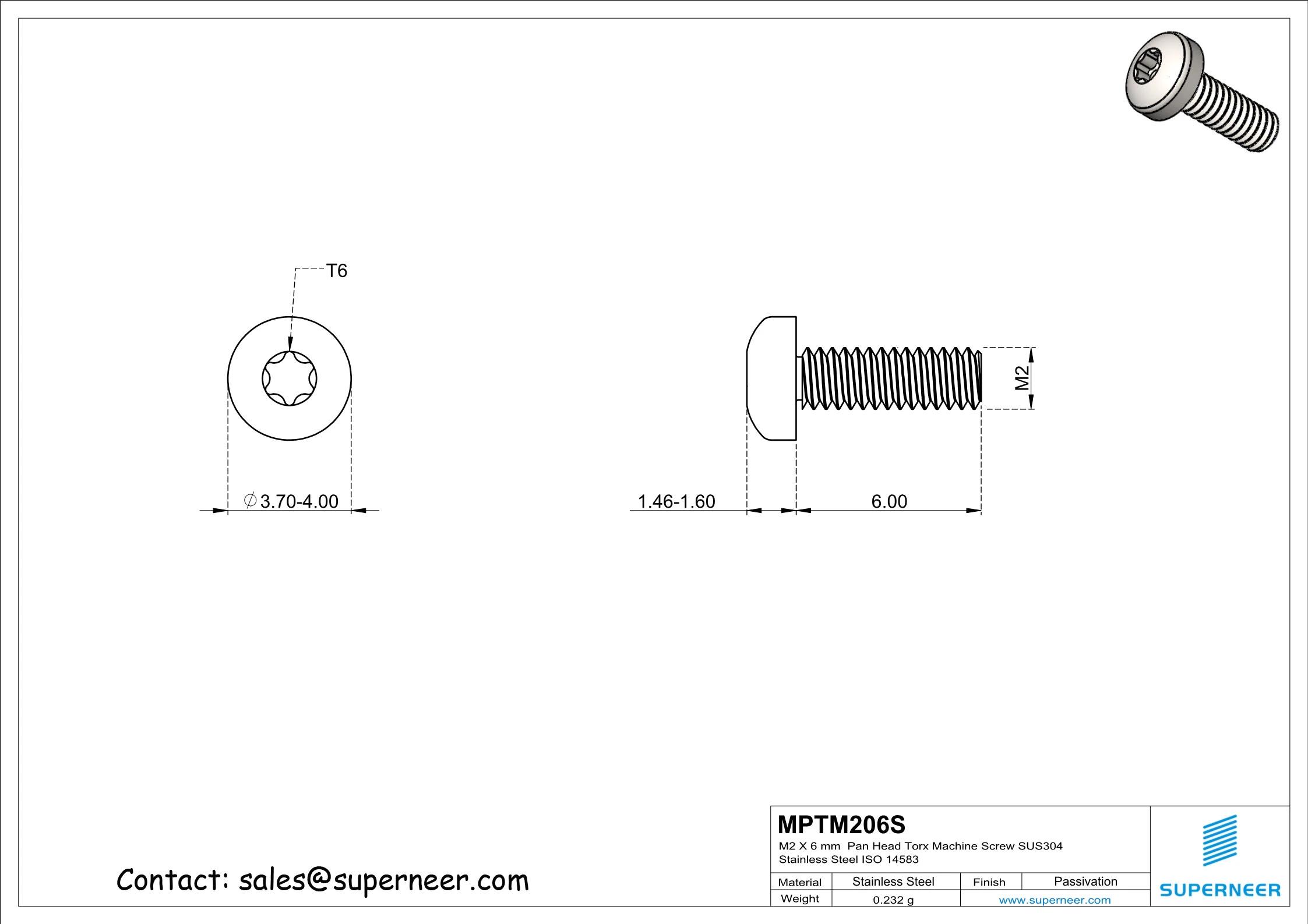 M2 x 6 mm  Pan Head Torx Machine Screw SUS304 Stainless Steel Inox ISO 14583