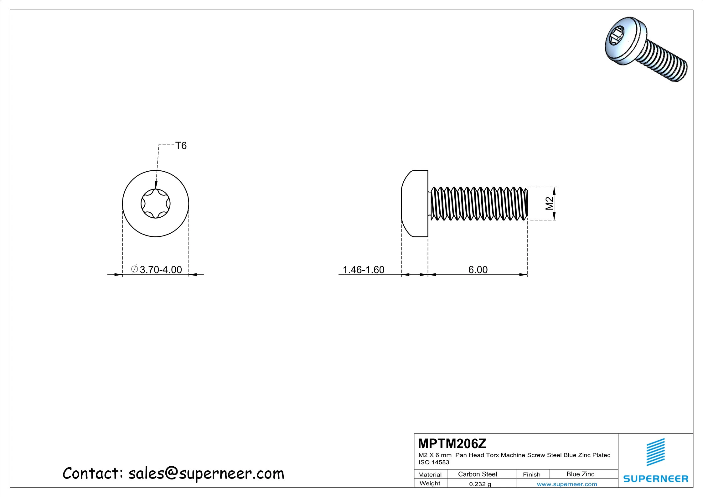 M2 x 6 mm Pan Head Torx Machine Screw Steel Blue Zinc Plated ISO 14583