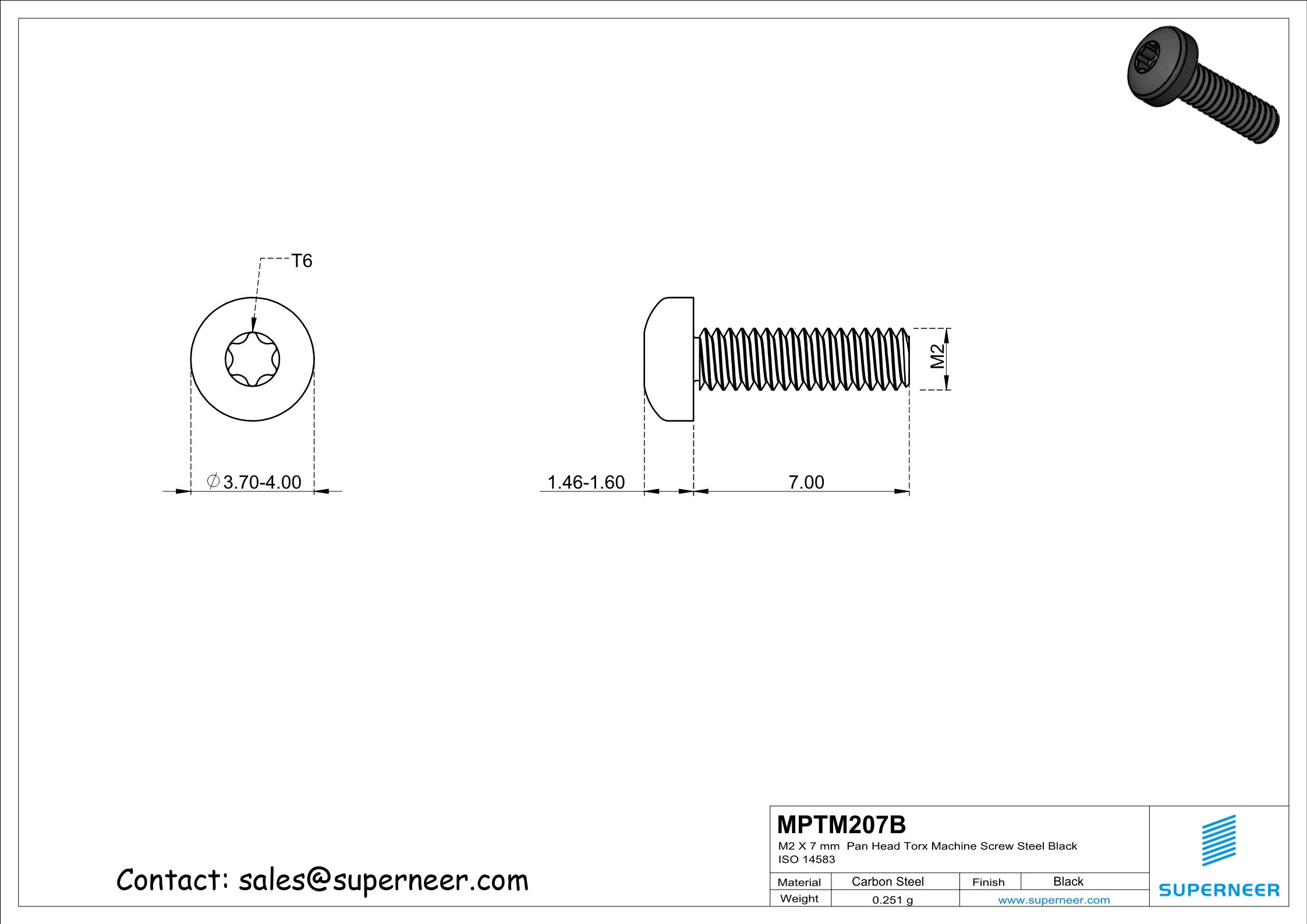 M2 x 7 mm Pan Head Torx Machine Screw Steel Black ISO 14583