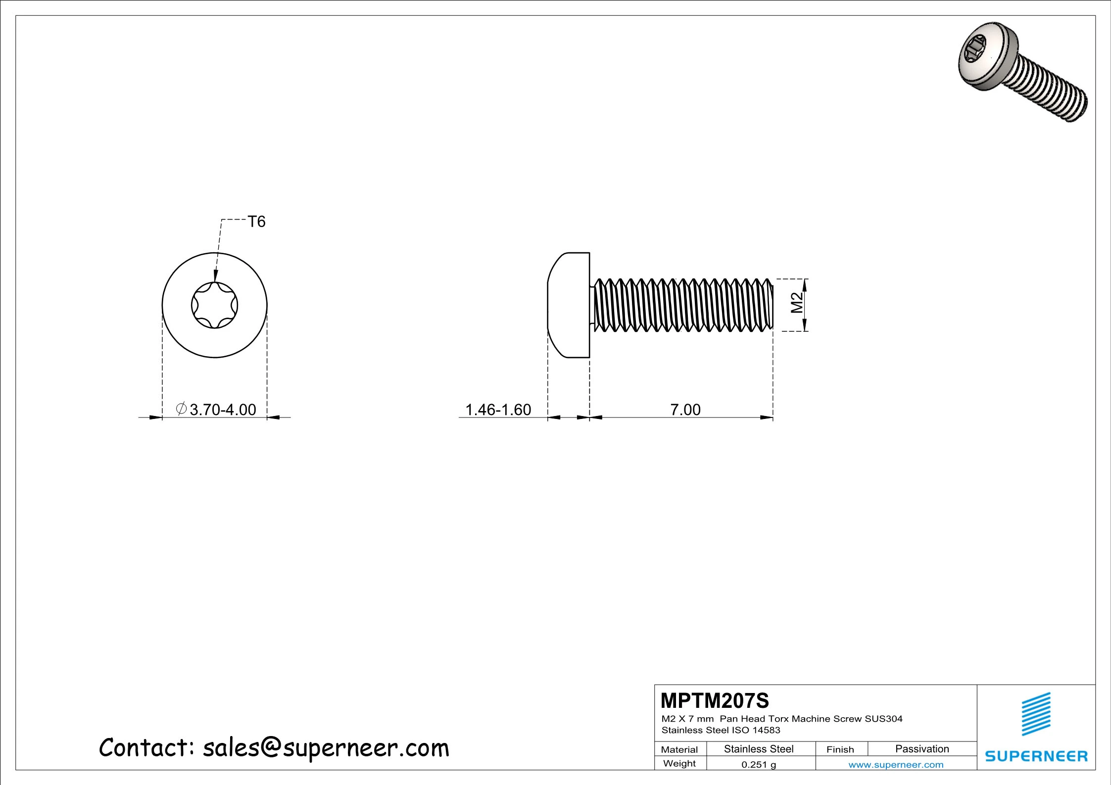 M2 x 7 mm  Pan Head Torx Machine Screw SUS304 Stainless Steel Inox ISO 14583