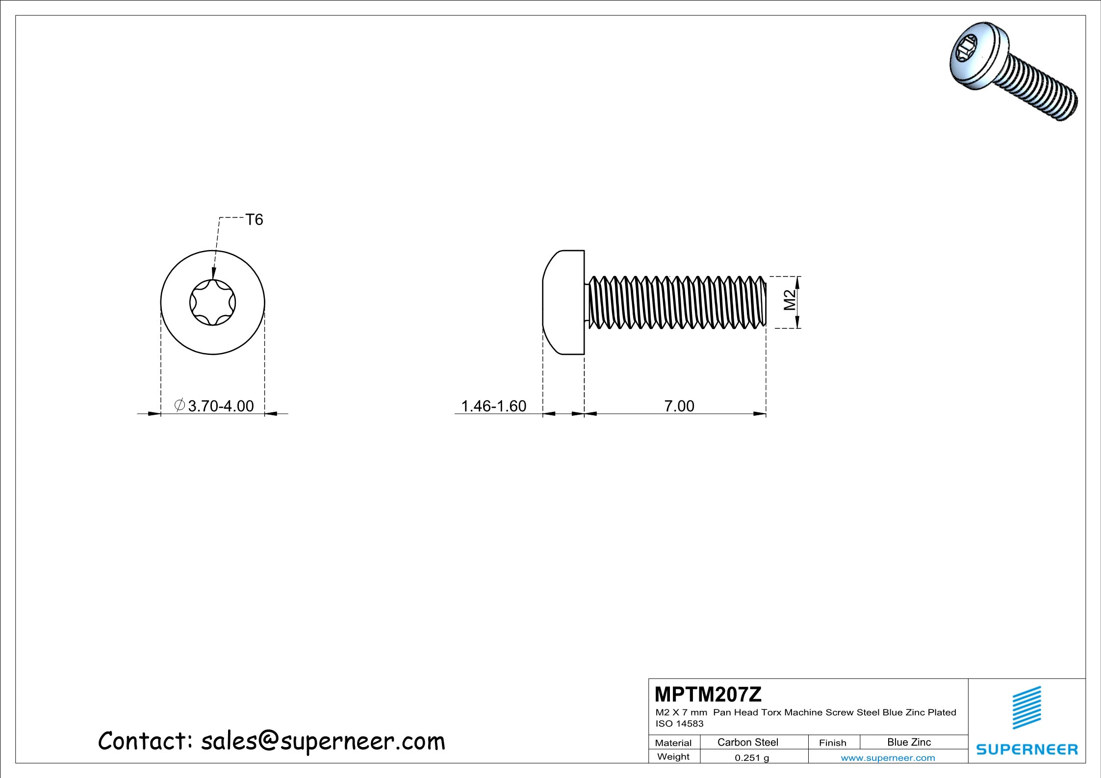 M2 x 7 mm Pan Head Torx Machine Screw Steel Blue Zinc Plated ISO 14583