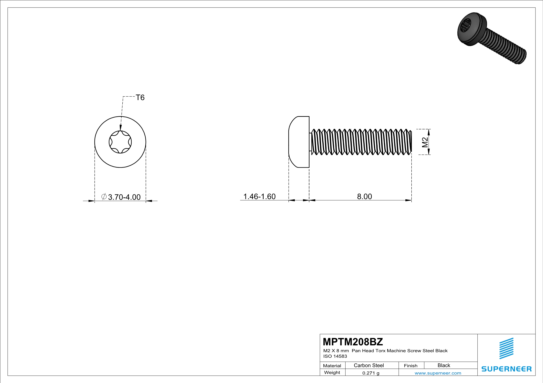 M2 x 8 mm Pan Head Torx Machine Screw Steel Black ISO 14583