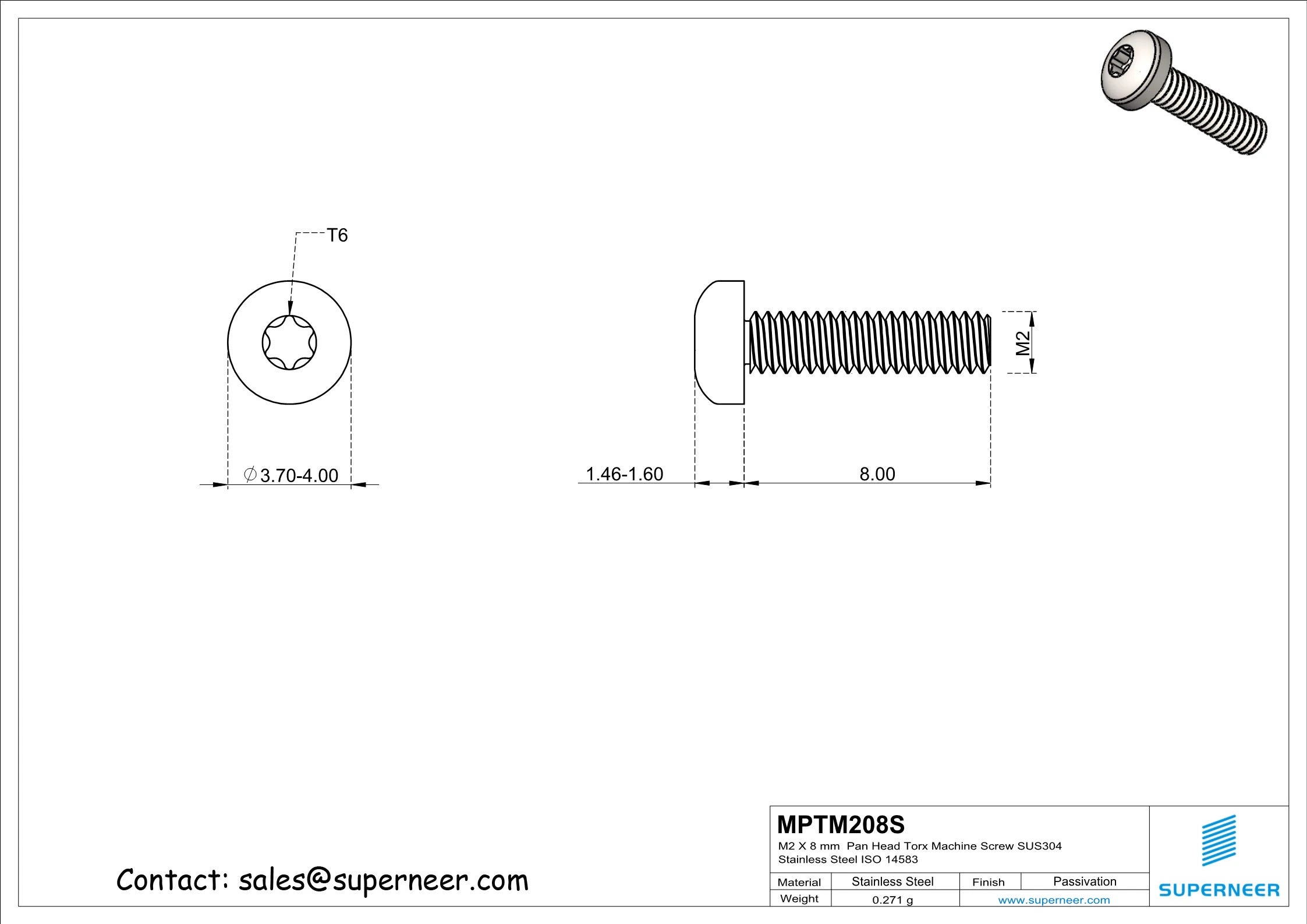 M2 x 8 mm  Pan Head Torx Machine Screw SUS304 Stainless Steel Inox ISO 14583