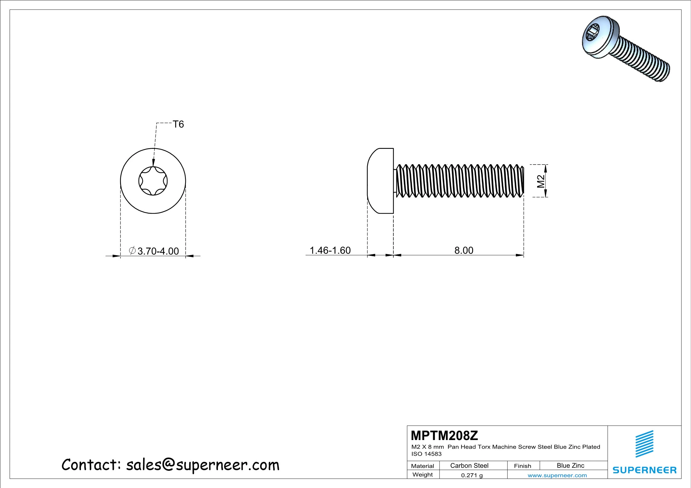 M2 x 8 mm Pan Head Torx Machine Screw Steel Blue Zinc Plated ISO 14583