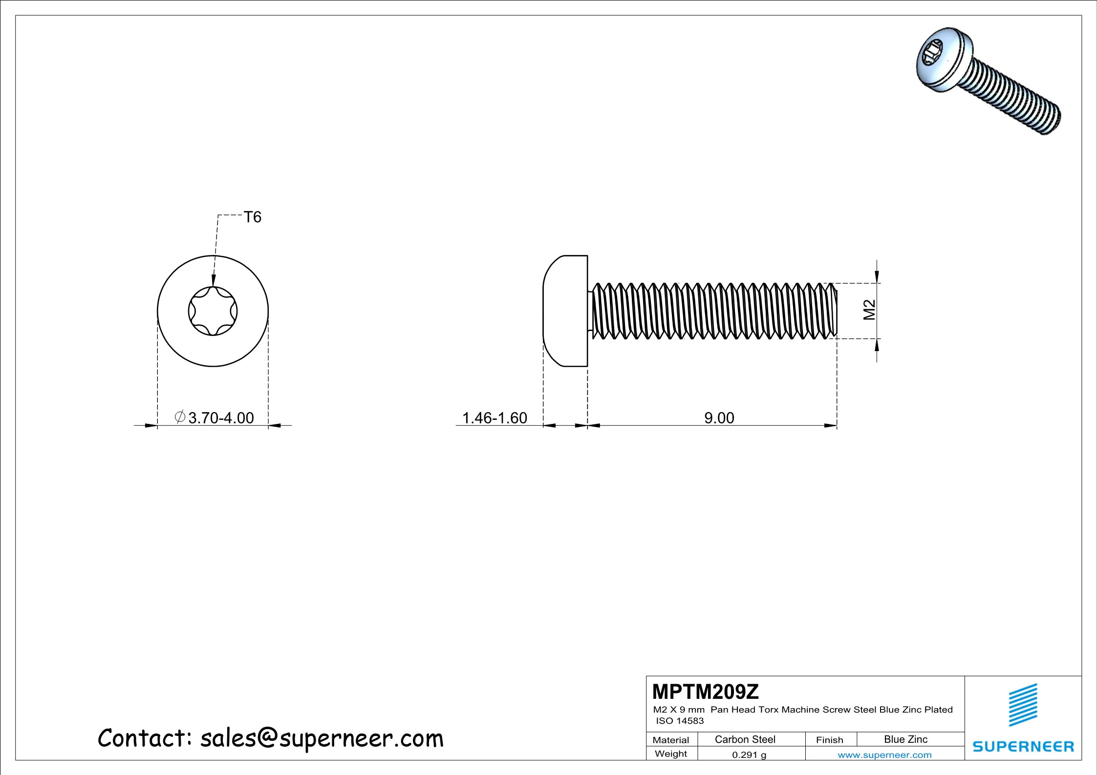 M2 x 9 mm Pan Head Torx Machine Screw Steel Blue Zinc Plated ISO 14583