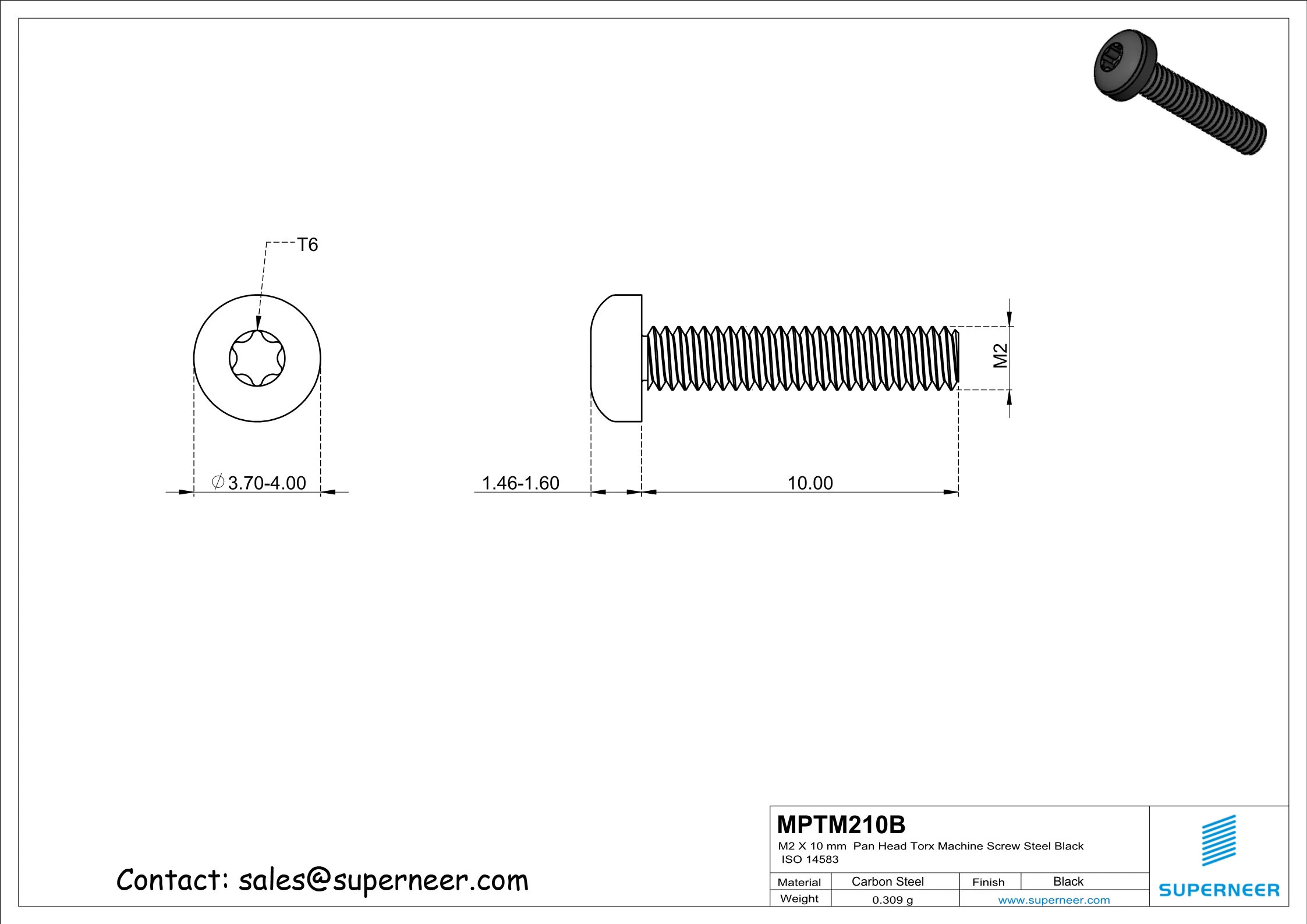 M2 x 10 mm Pan Head Torx Machine Screw Steel Black ISO 14583