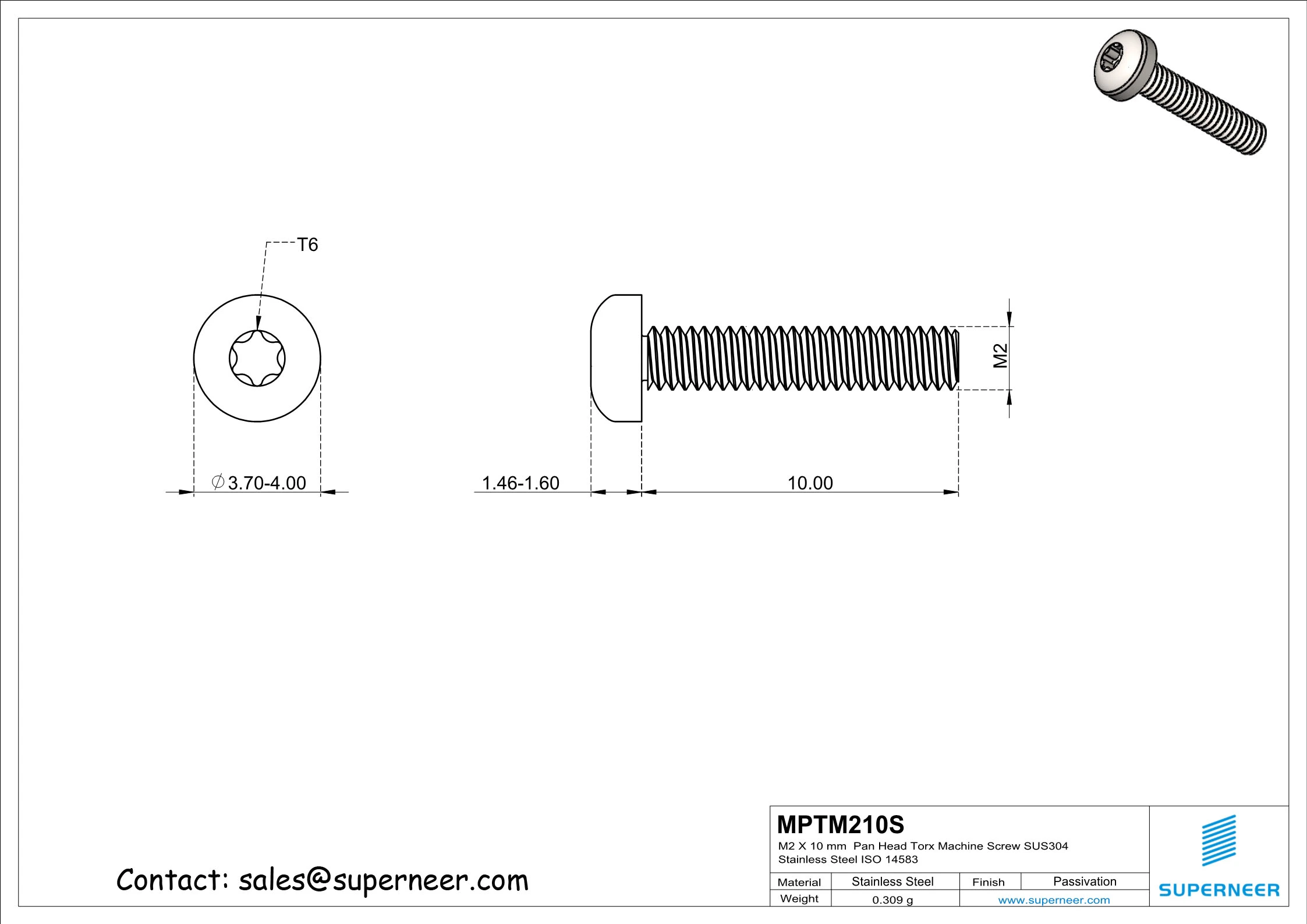 M2 x 10 mm  Pan Head Torx Machine Screw SUS304 Stainless Steel Inox ISO 14583