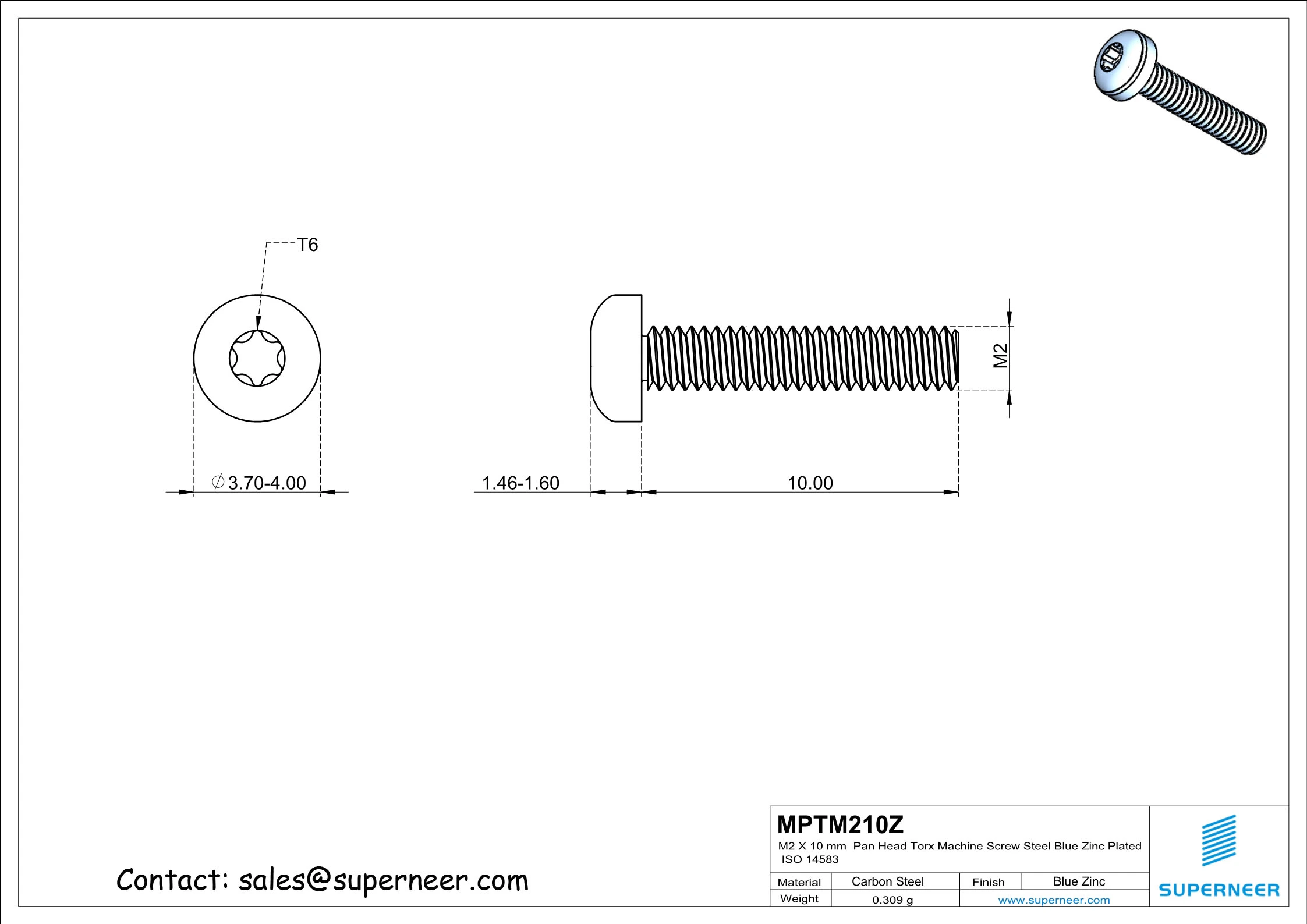 M2 x 10 mm Pan Head Torx Machine Screw Steel Blue Zinc Plated ISO 14583