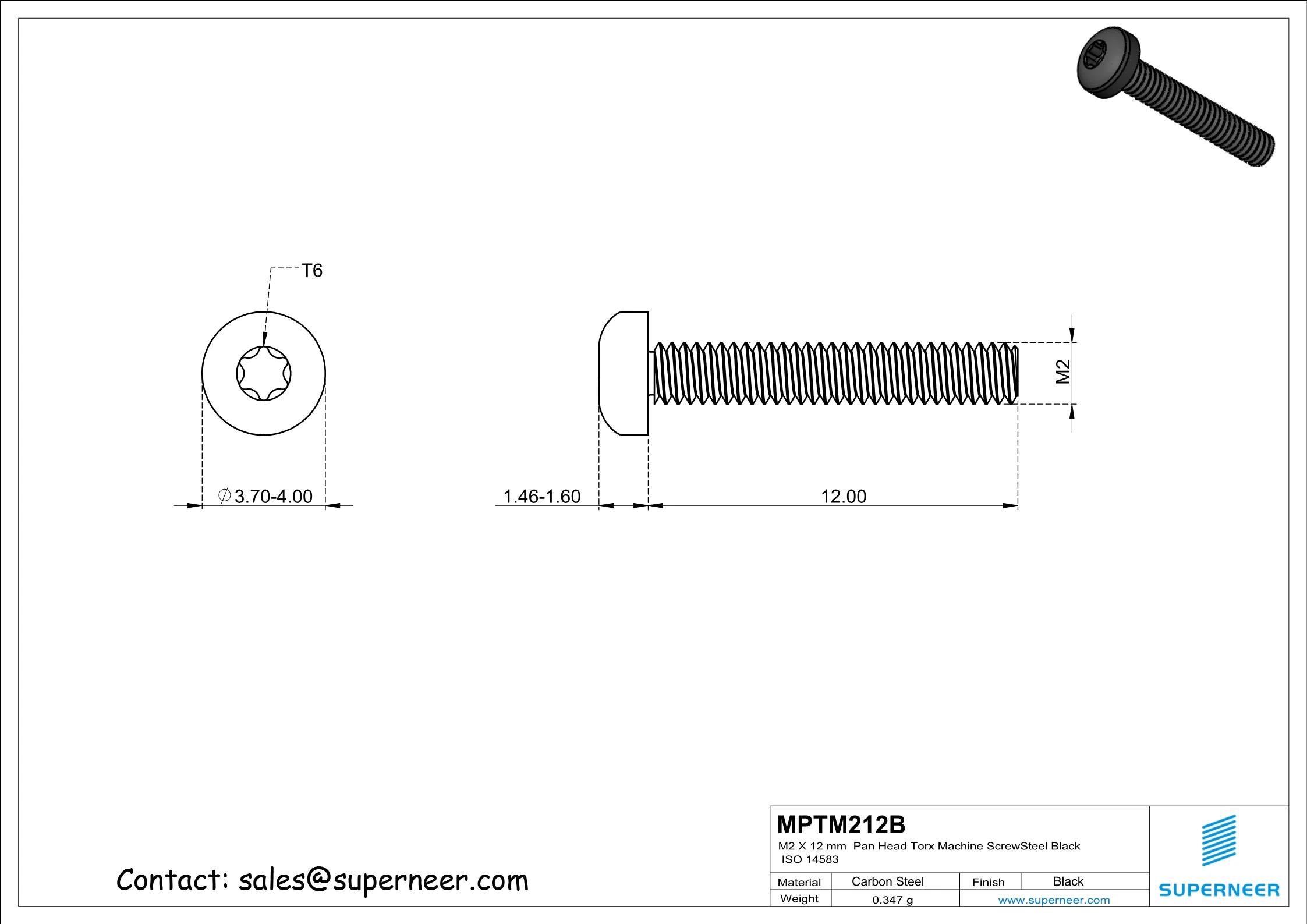 M2 x 12 mm Pan Head Torx Machine Screw Steel Black ISO 14583