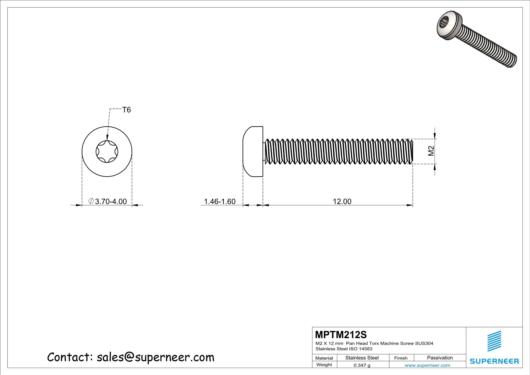 M2 x 12 mm  Pan Head Torx Machine Screw SUS304 Stainless Steel Inox ISO 14583