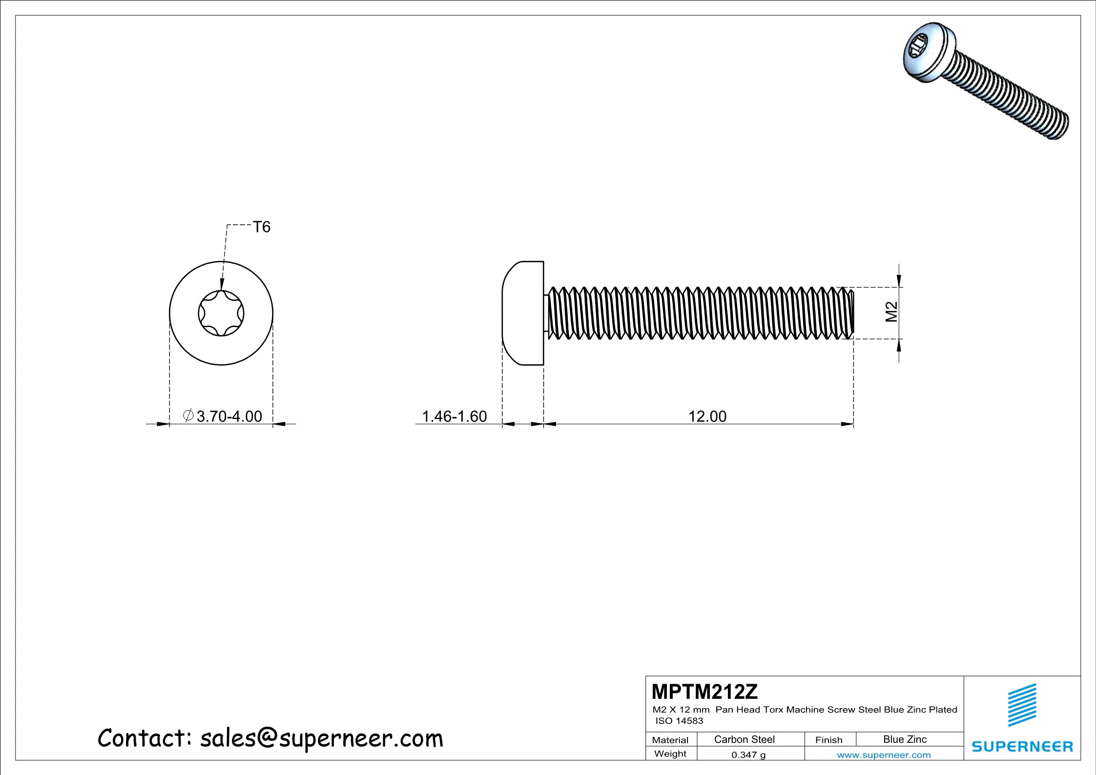 M2 x 12 mm Pan Head Torx Machine Screw Steel Blue Zinc Plated ISO 14583