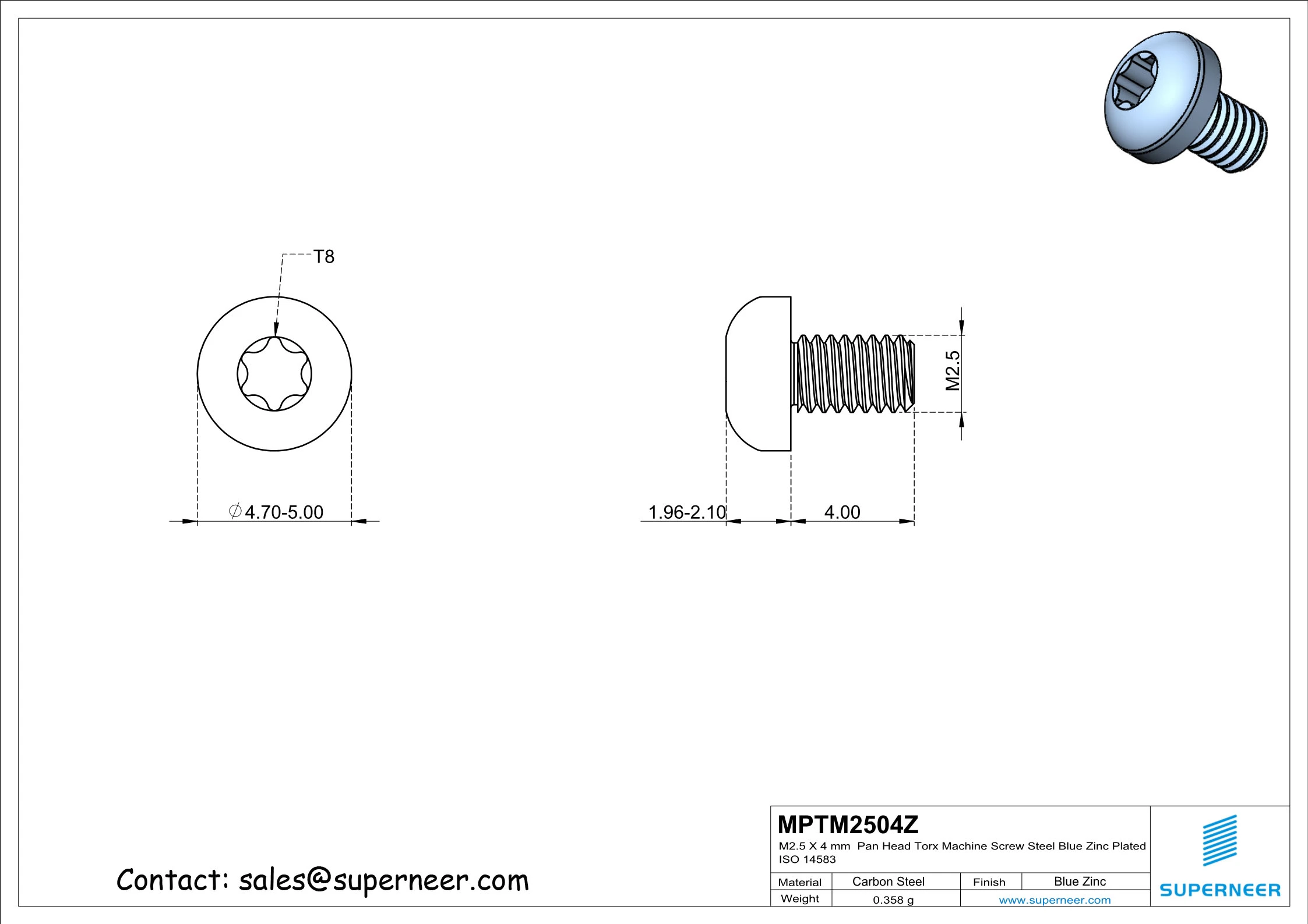 M2.5 x 4 mm Pan Head Torx Machine Screw Steel Blue Zinc Plated ISO 14583