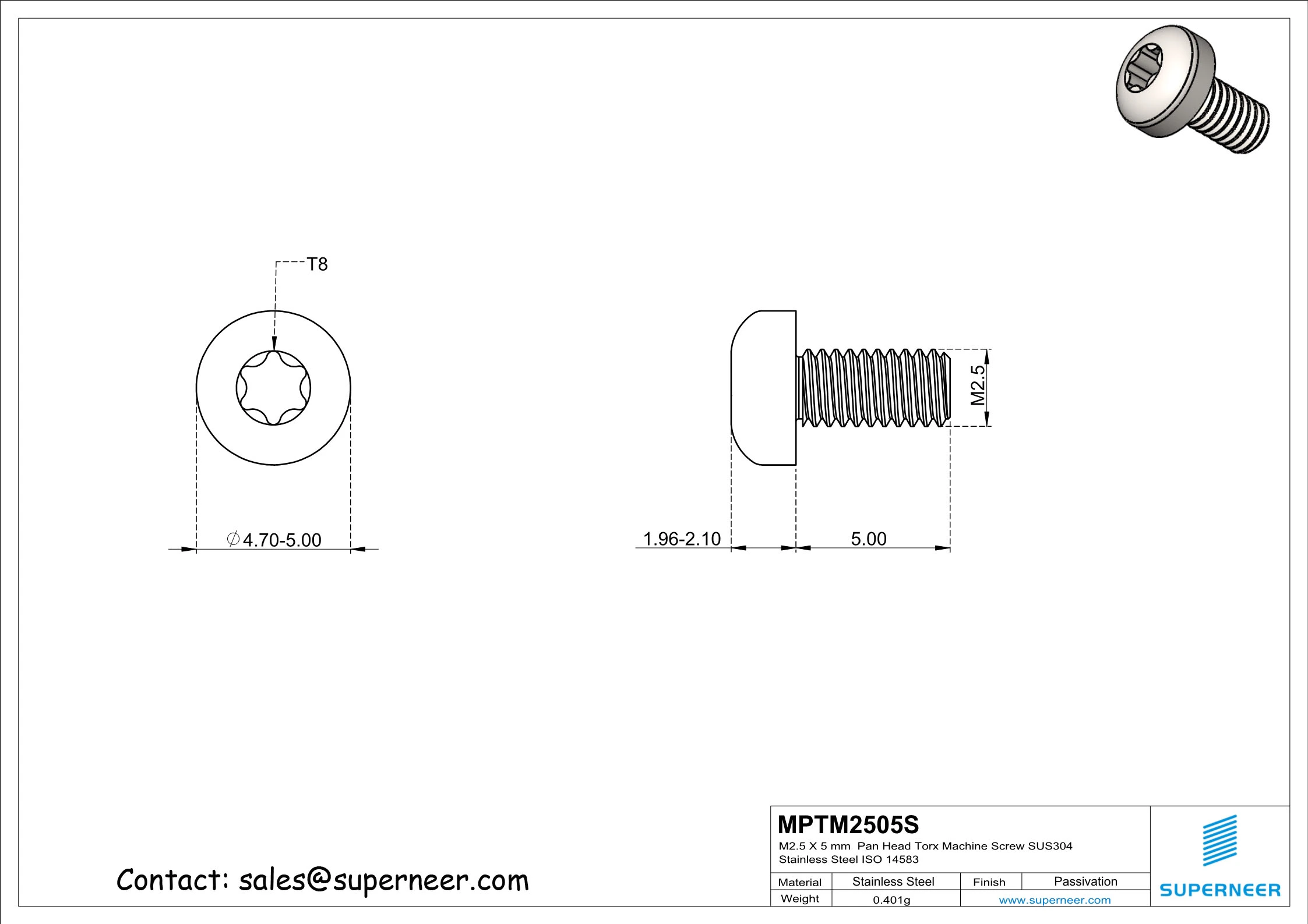 M2.5 x 5 mm  Pan Head Torx Machine Screw SUS304 Stainless Steel Inox ISO 14583