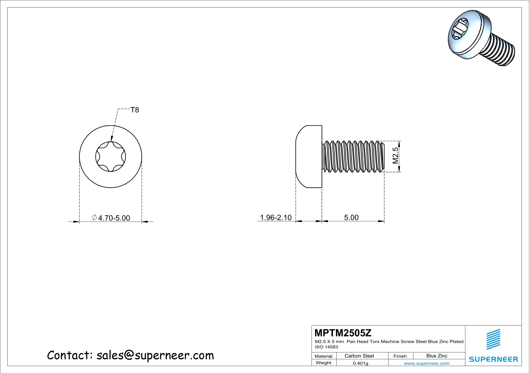 M2.5 x 5 mm Pan Head Torx Machine Screw Steel Blue Zinc Plated ISO 14583