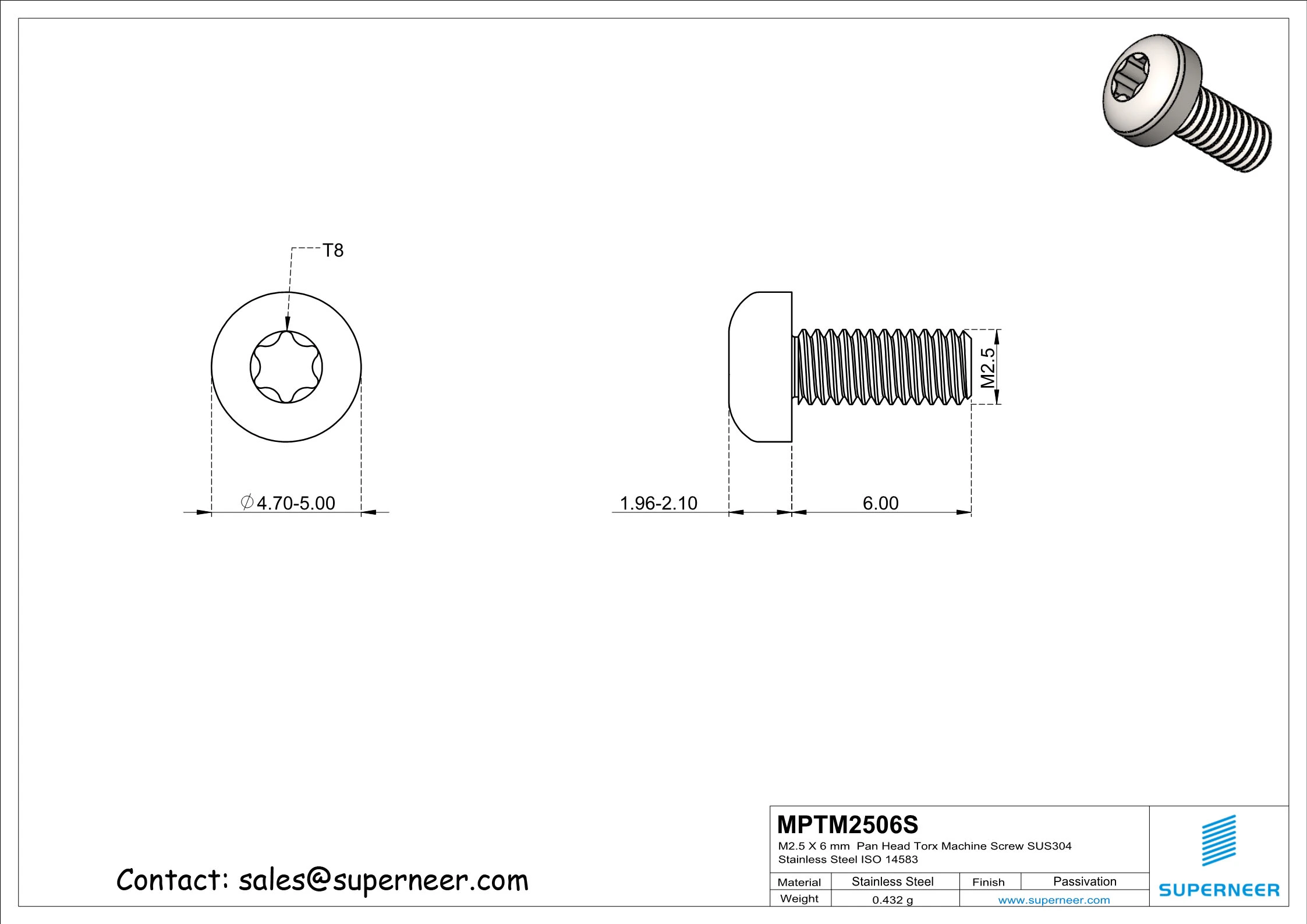 M2.5 x 6 mm  Pan Head Torx Machine Screw SUS304 Stainless Steel Inox ISO 14583