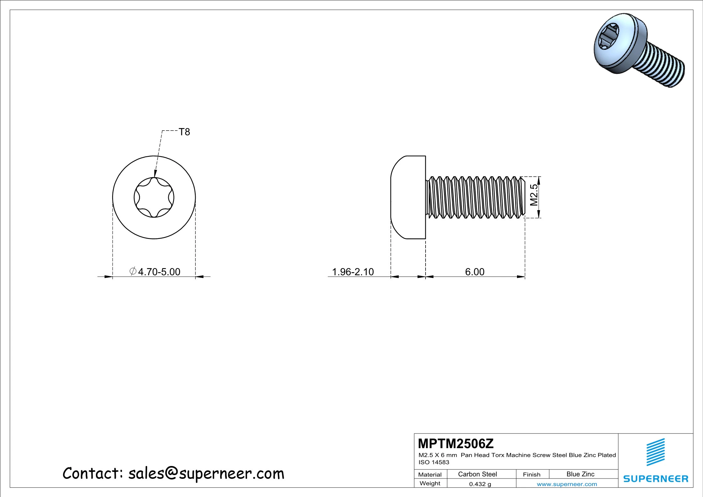 M2.5 x 6 mm Pan Head Torx Machine Screw Steel Blue Zinc Plated ISO 14583