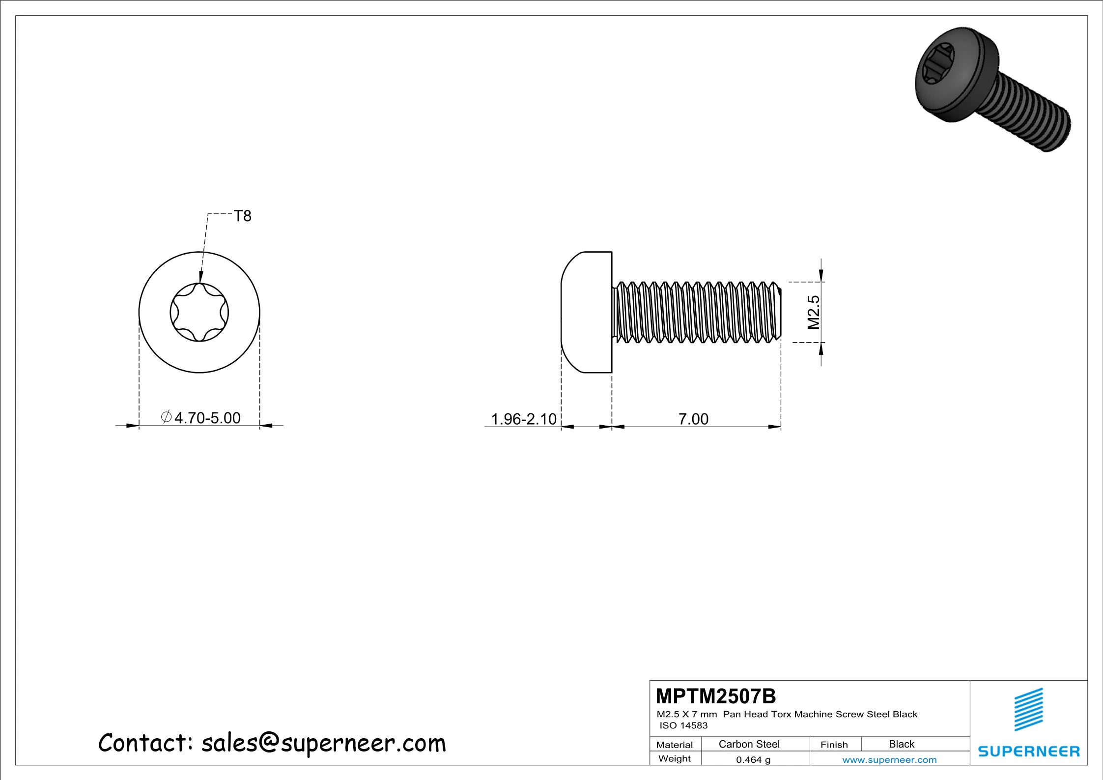 M2.5 x 7 mm Pan Head Torx Machine Screw Steel Black ISO 14583