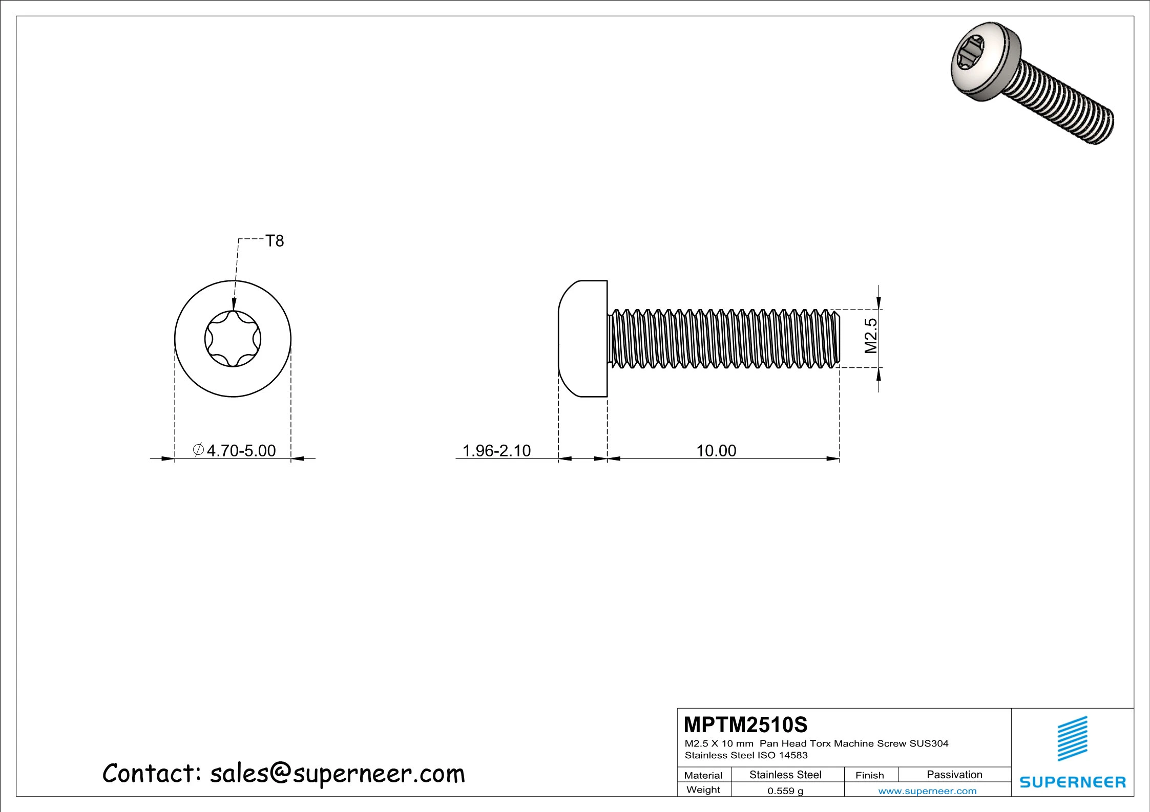 M2.5 x 10 mm  Pan Head Torx Machine Screw SUS304 Stainless Steel Inox ISO 14583