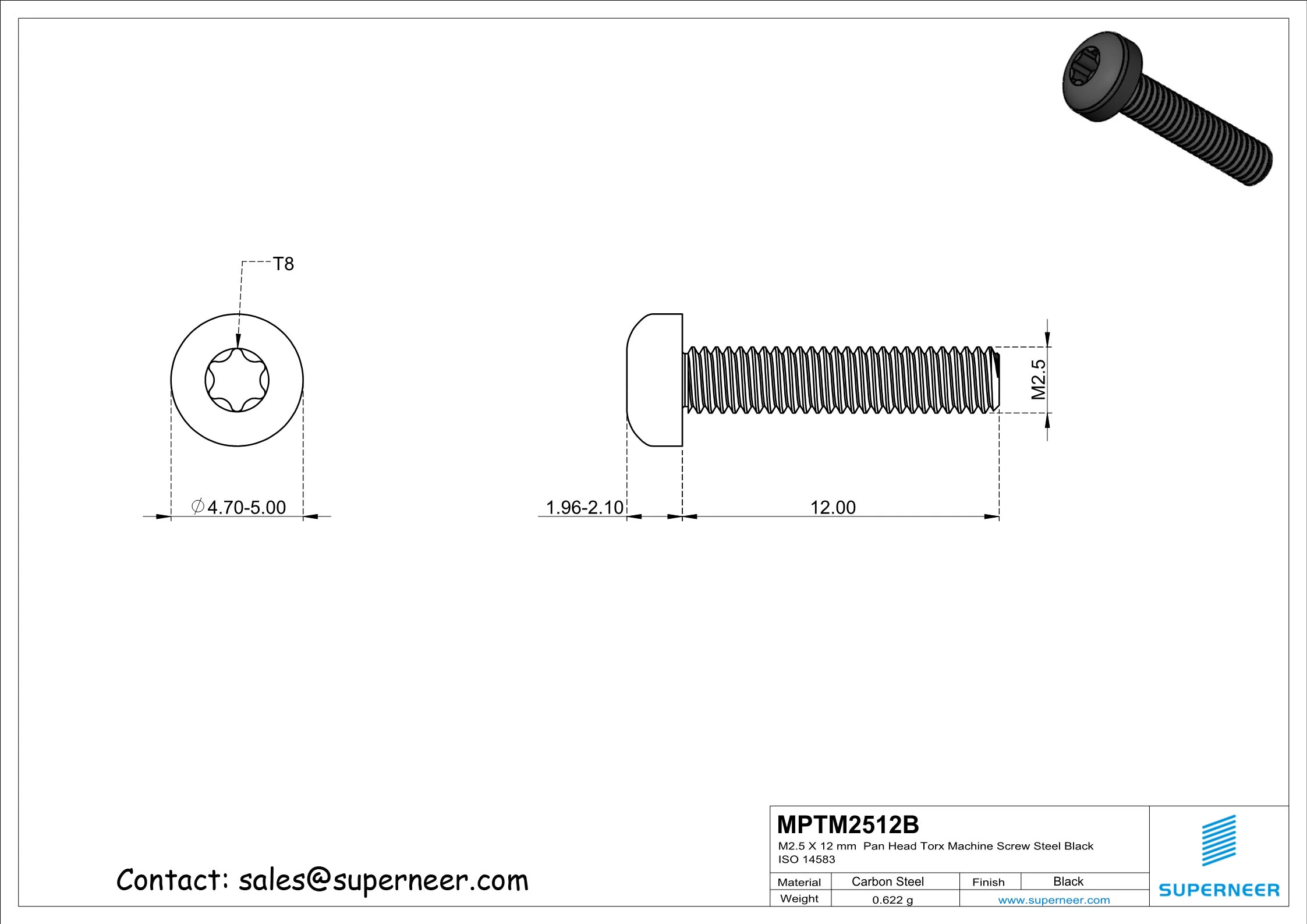 M2.5 x 12 mm Pan Head Torx Machine Screw Steel Black ISO 14583