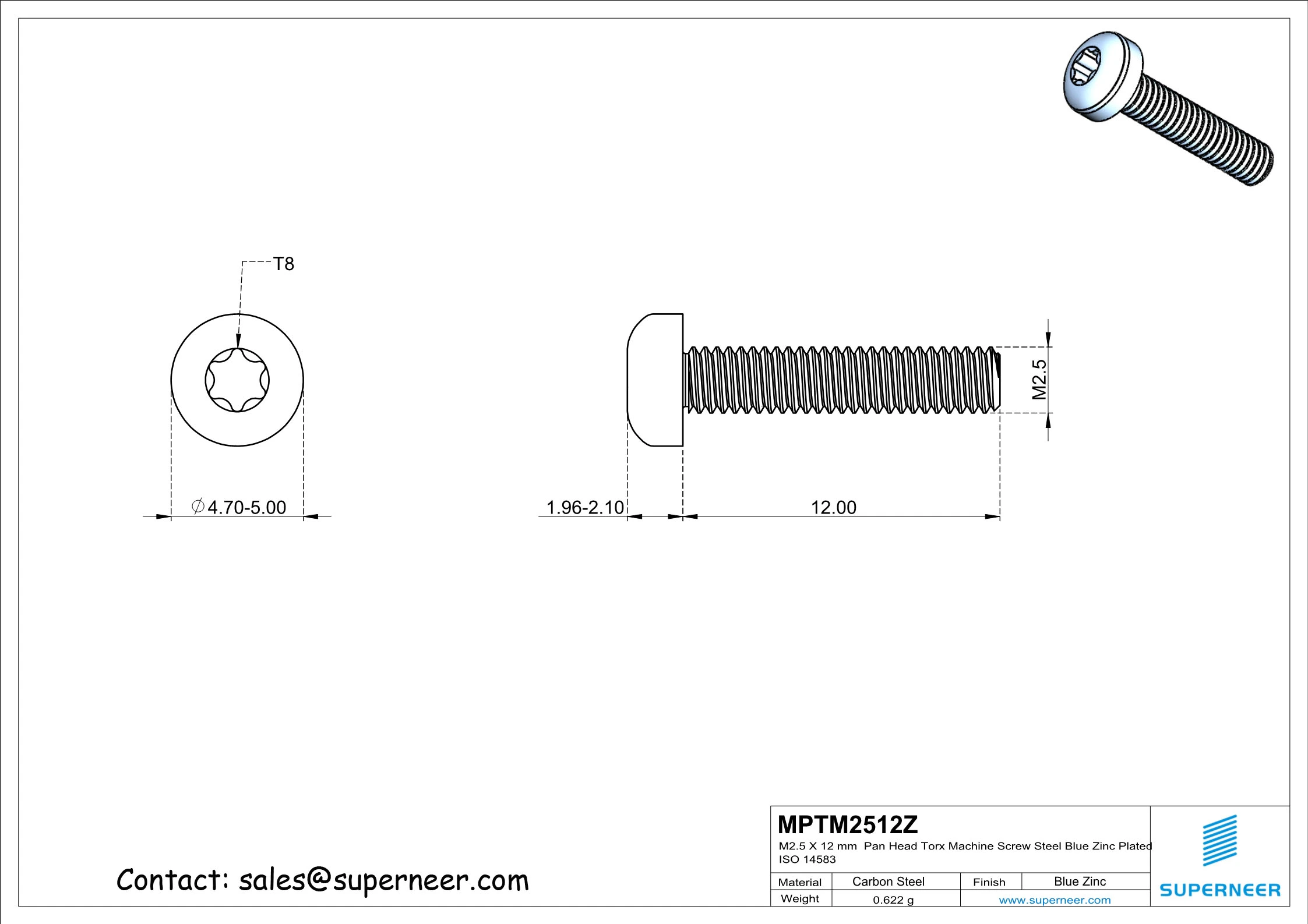 M2.5 x 12 mm Pan Head Torx Machine Screw Steel Blue Zinc Plated ISO 14583