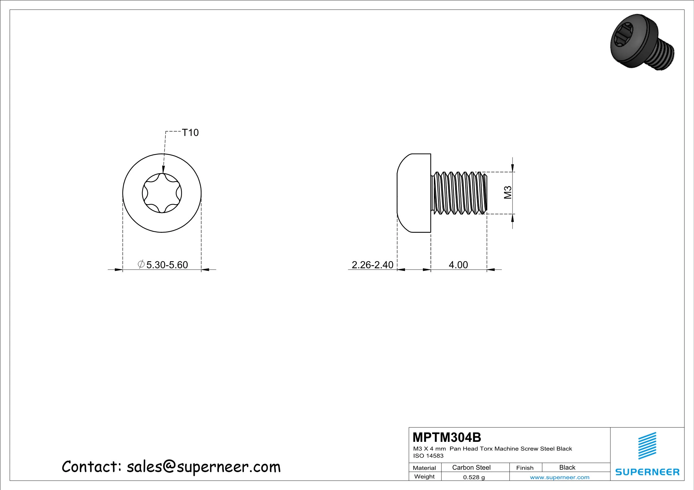 M3 x 4 mm Pan Head Torx Machine Screw Steel Black ISO 14583